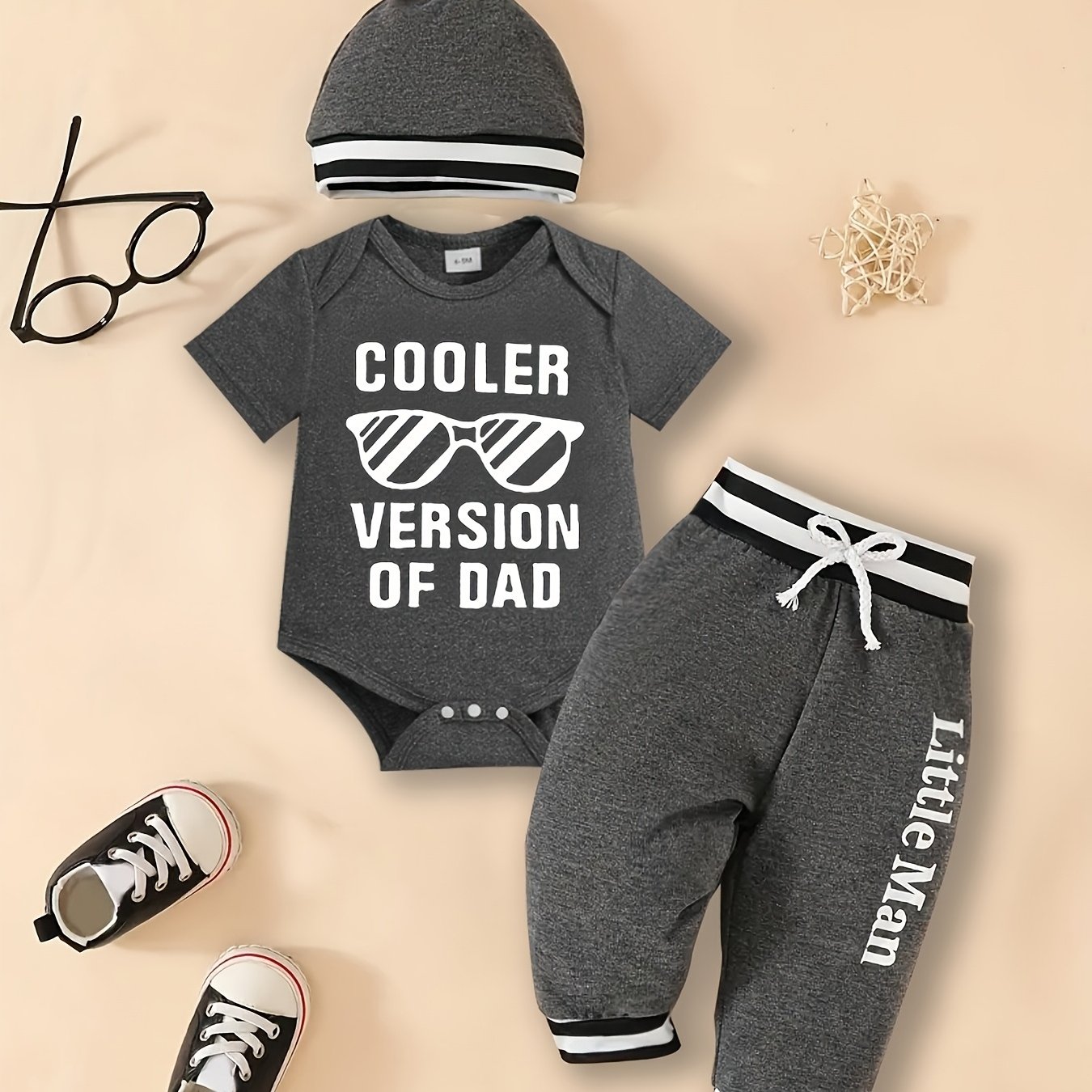 Image of Boys' Three-piece Set: Letter Print Short-sleeve Romper & Hat & Striped Patch Letter Print Pants Fashionable Cute Outfit, Perfect For Outdoor,christmas,halloween