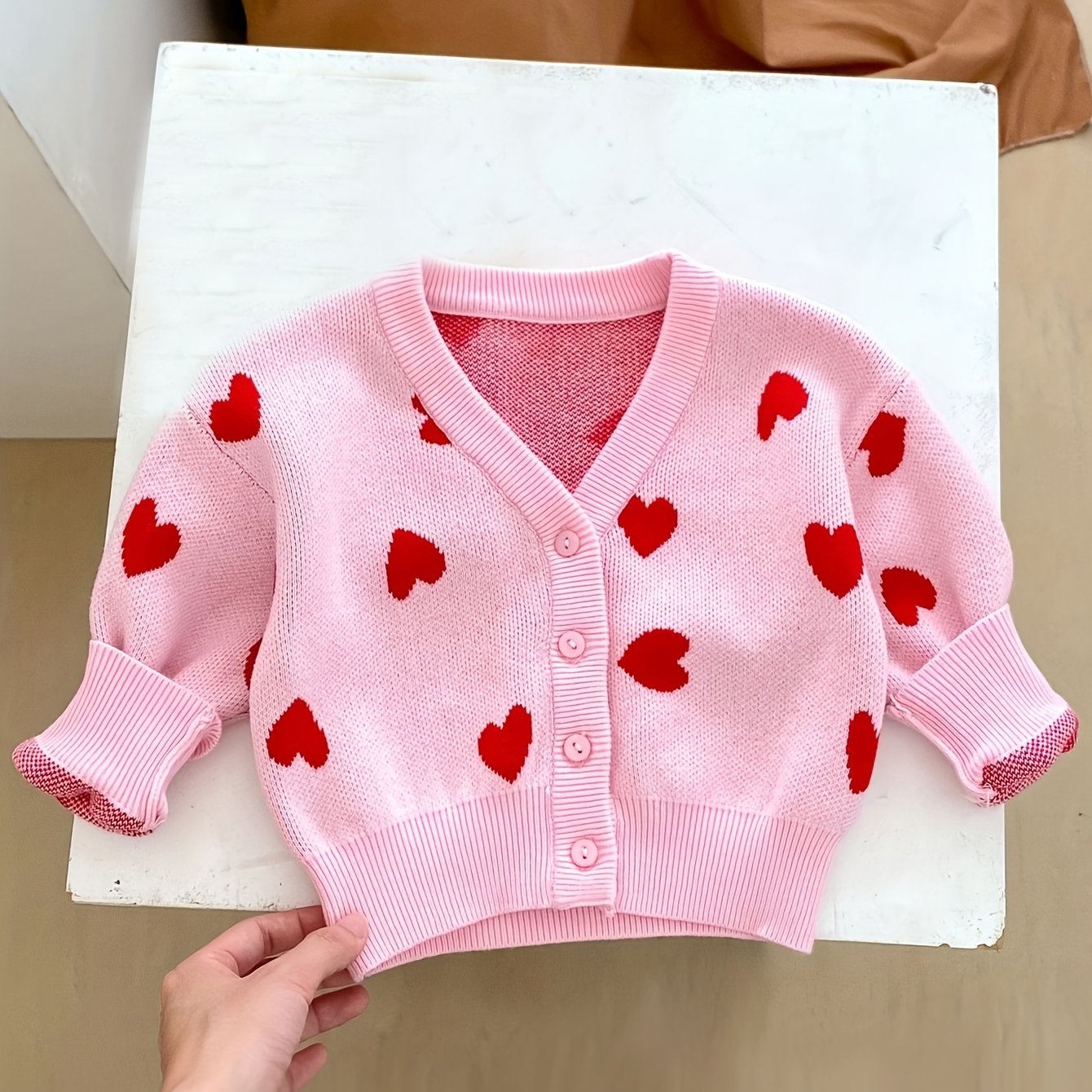 Instagram Spring And Autumn Season , Babies And Children Pink Heart-shaped Large V-neck Knitted Coat Cardigan Cute Sweater Coat Baby Clothing