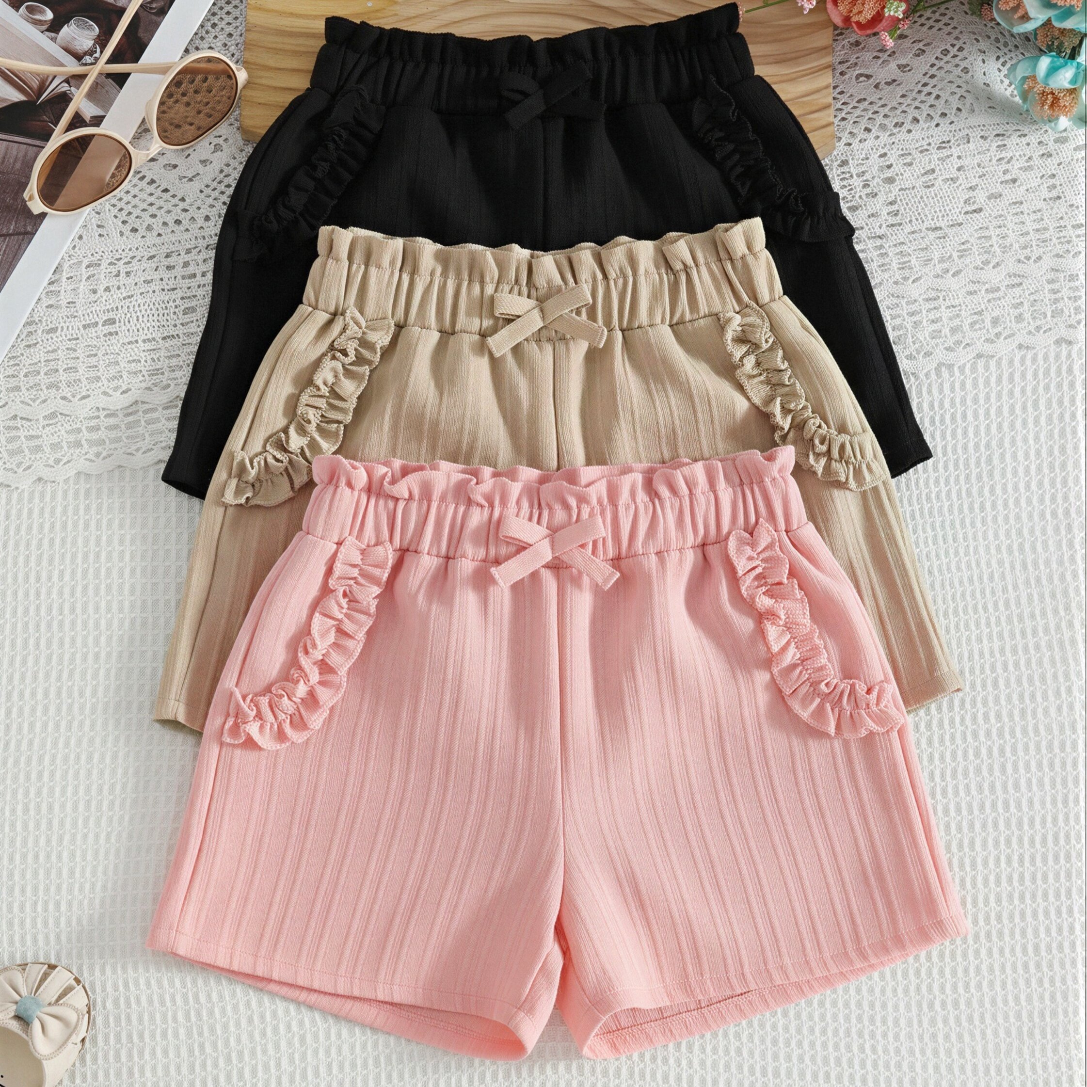 Image of Girls' Fashion Spring/summer Textured Fabric Ruffle Design Three-pc Shorts, Perfect For Outdoor