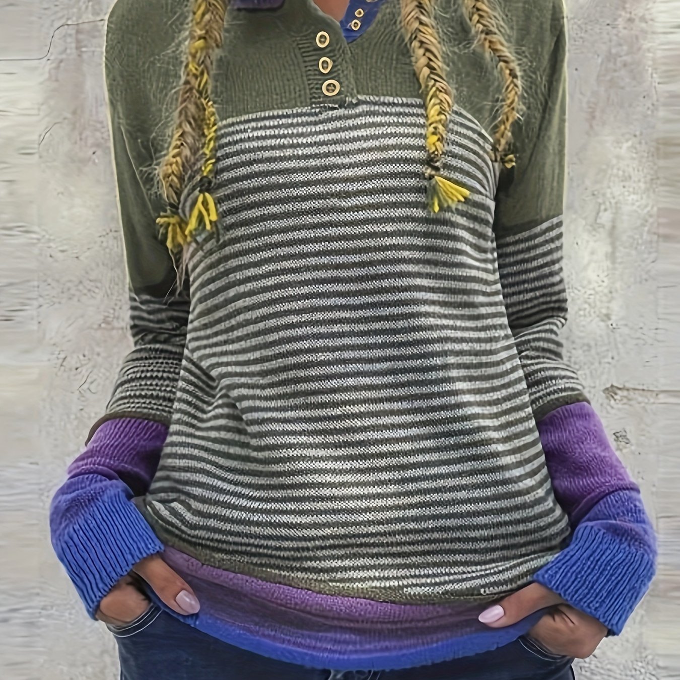 Stylish Striped Color-block Pullover With Single Button Casual Sweater
