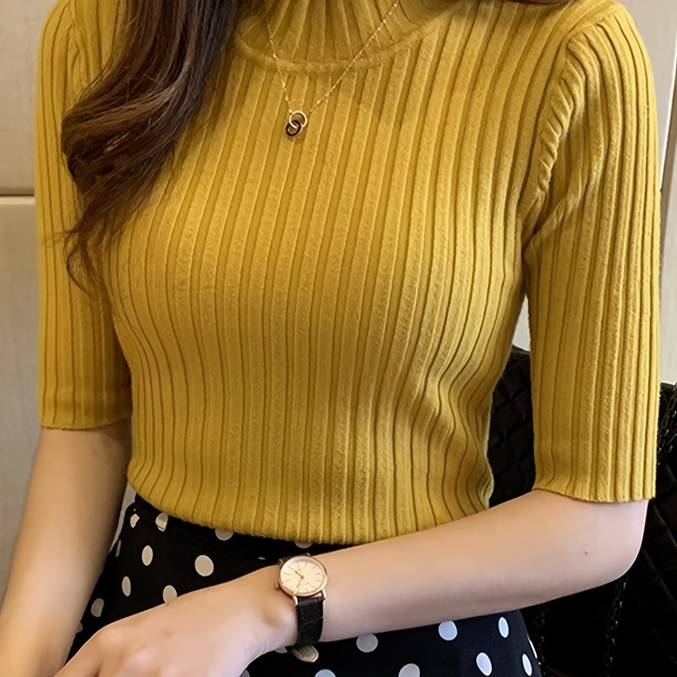 E-shop Frühlings- und Herbst-Halbhoher Kragen Slim Fit Mid-Sleeve T-Shirt Pullover Sweater Damen Base Shirt Gentle Style Rippstrick Top