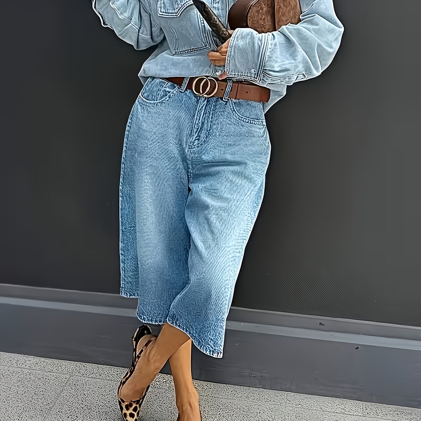 TEMU Women's Casual Stretch Denim Capri Pants - Light Blue Washed Wide-leg Design, Mid-thigh Length, Non-stretch Fabric, Perfect For Spring/summer,