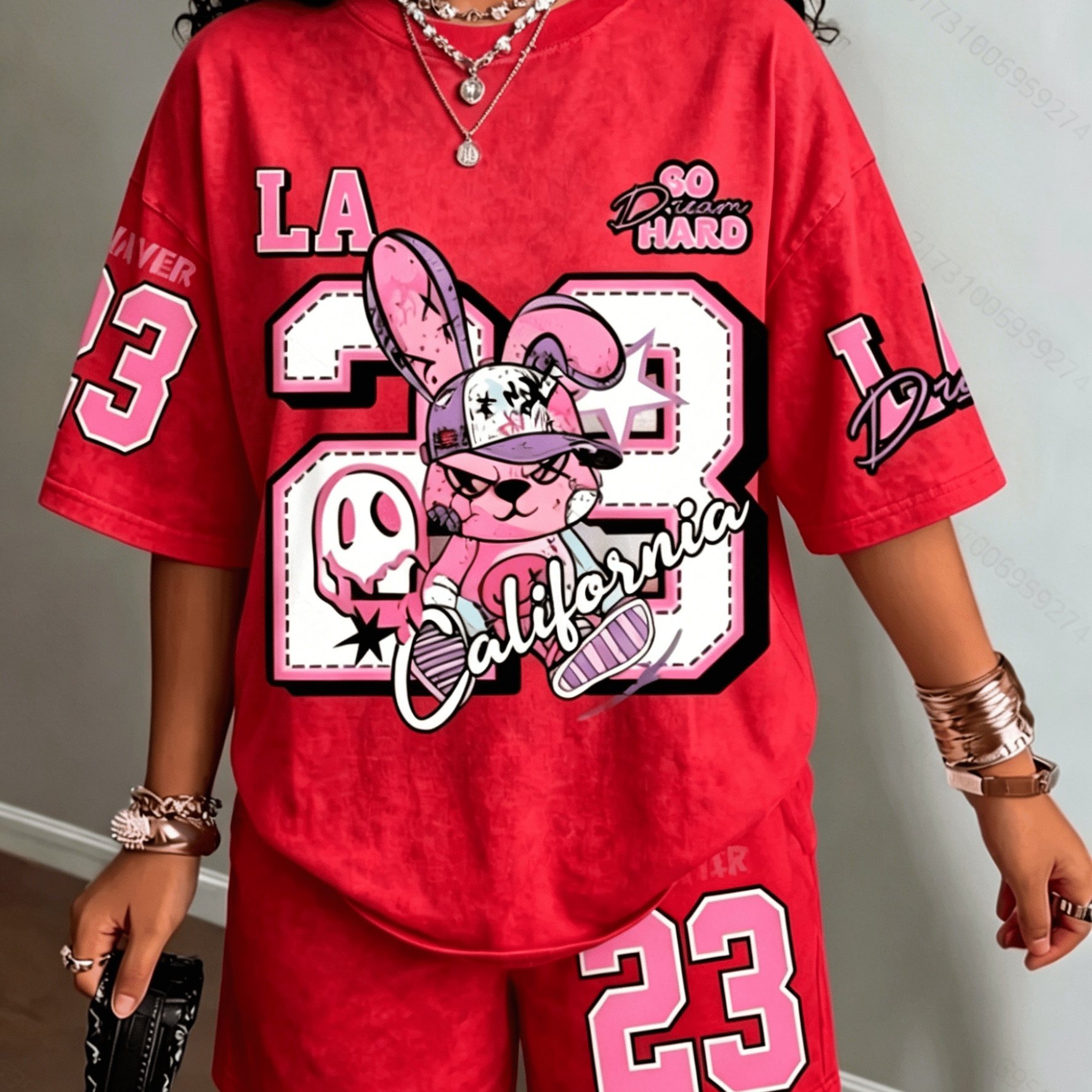 TEMU Plus Size - Cartoon Trendy And Number 23 Print And Summer Casual Jersey, Street Style Round Neck Short Sleeve T-shirt And Shorts Two-piece Set,