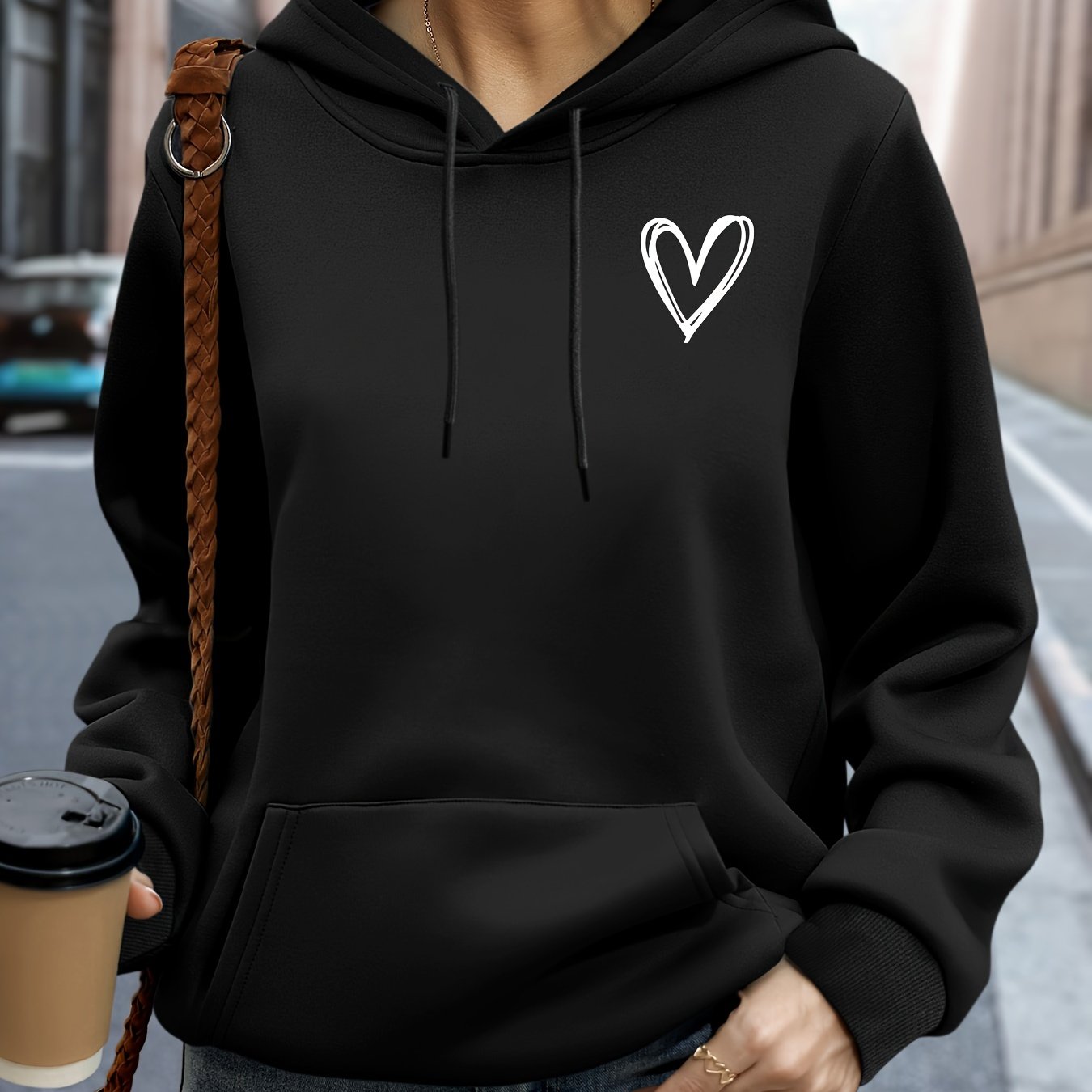 TEMU Plus Size Heart Print Hoodie, Casual Drawstring Hooded Sweatshirt For Fall & Spring, Women's Plus Size Clothing