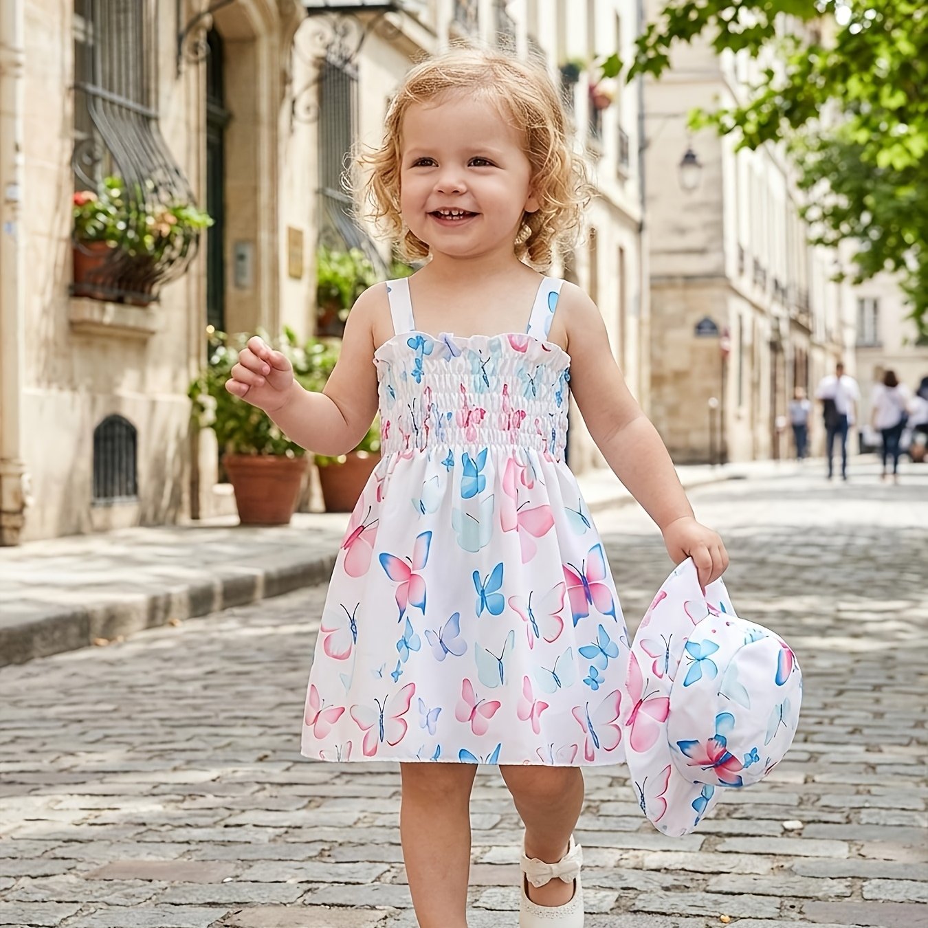 Image of Summer Print Sleeveless Dress For Baby Girls Aged 0-3 Years, Outfit With A Hat, Perfect For Vacations