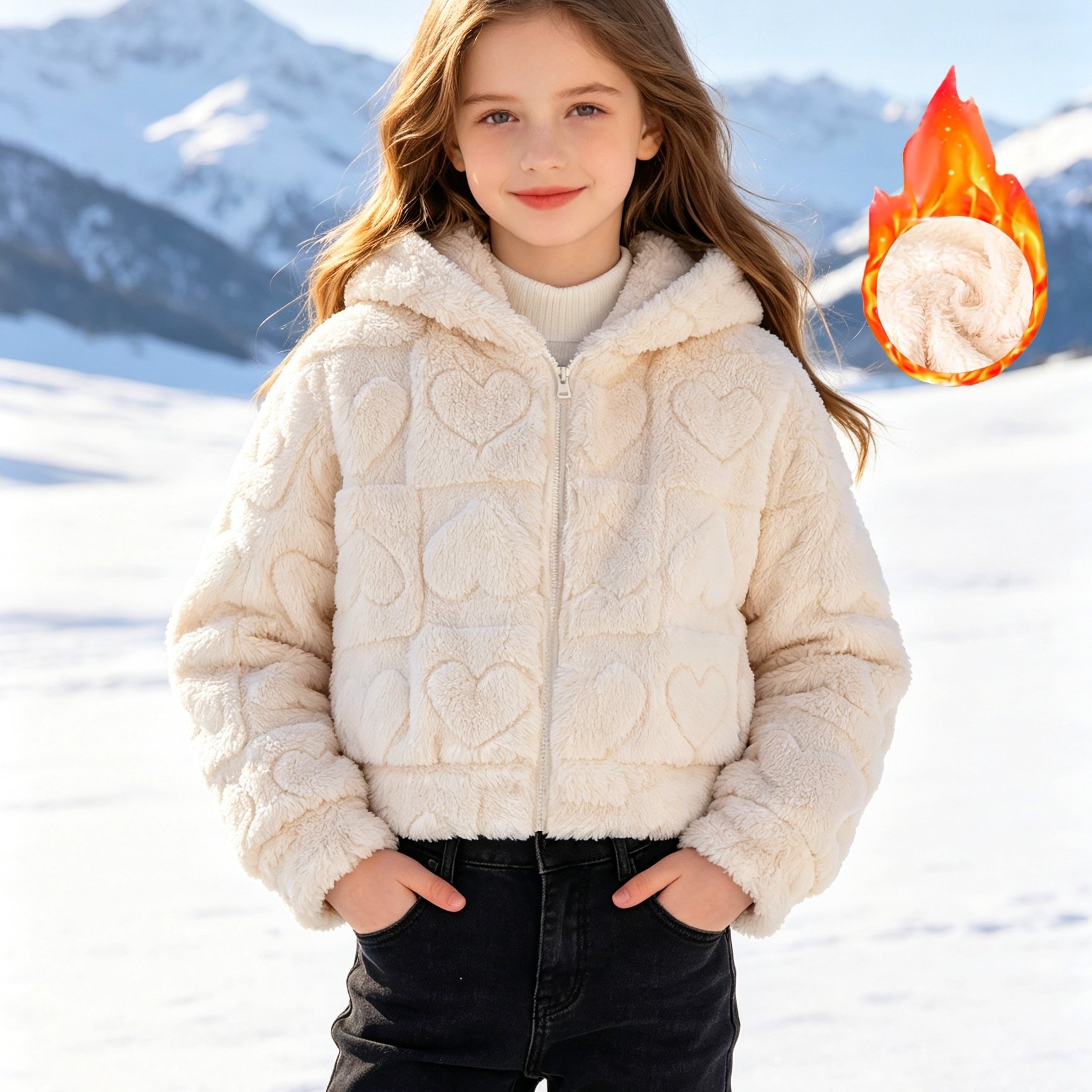 Image of Girl's 8-12y Autumn/winter Double-sided Warm Loose Fit Autumn/winter Checkered Heart Plush Long Sleeve Cropped Hooded Jacket