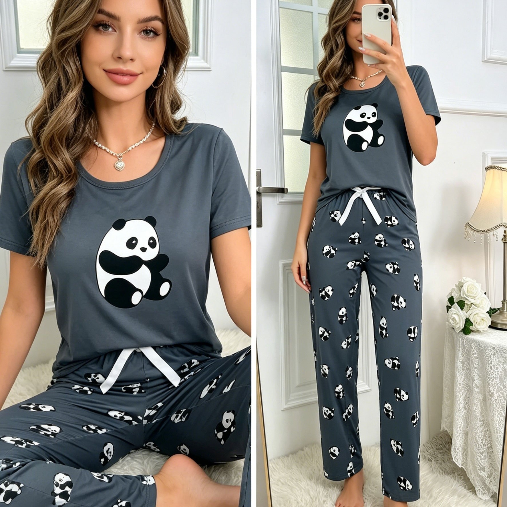E-shop Damens-Pyjama-Set mit Panda-Muster, Kurzarm und Langhose
