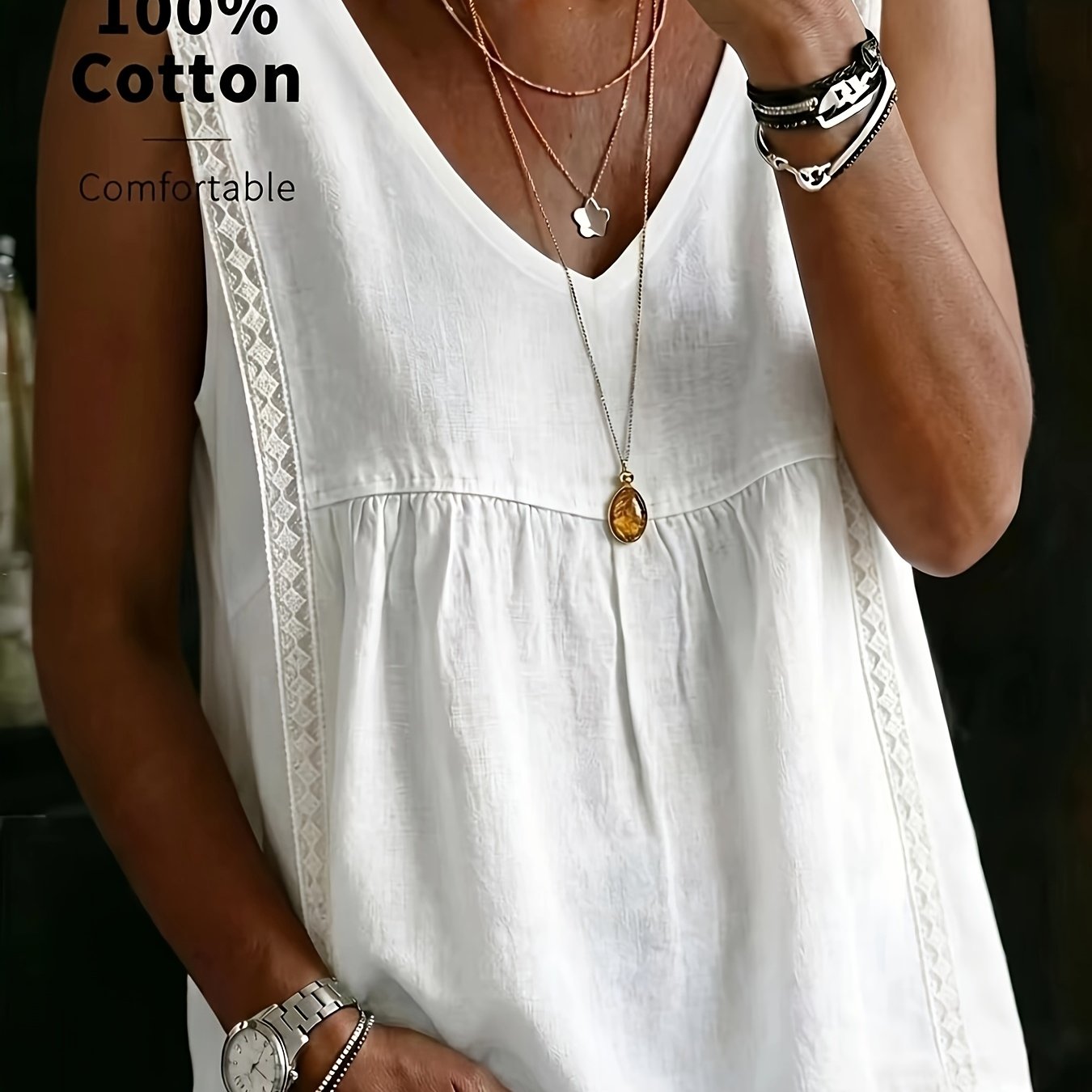 Plus Size - Lace V-neck Tank Top