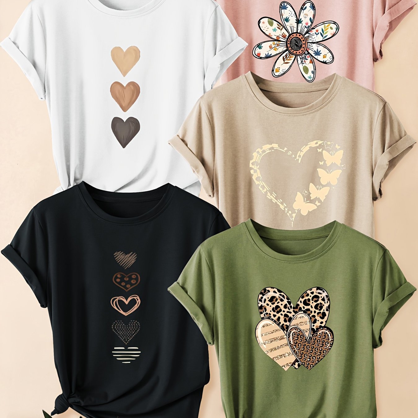 Send Of Multi-colored Women's Vintage Patterned Floral T-shirt - Featuring A Leopard Print Heart Floral And , And Stretchy Round-neck Casual Top Is Suitable For Gym Workouts And Everyday Wear
