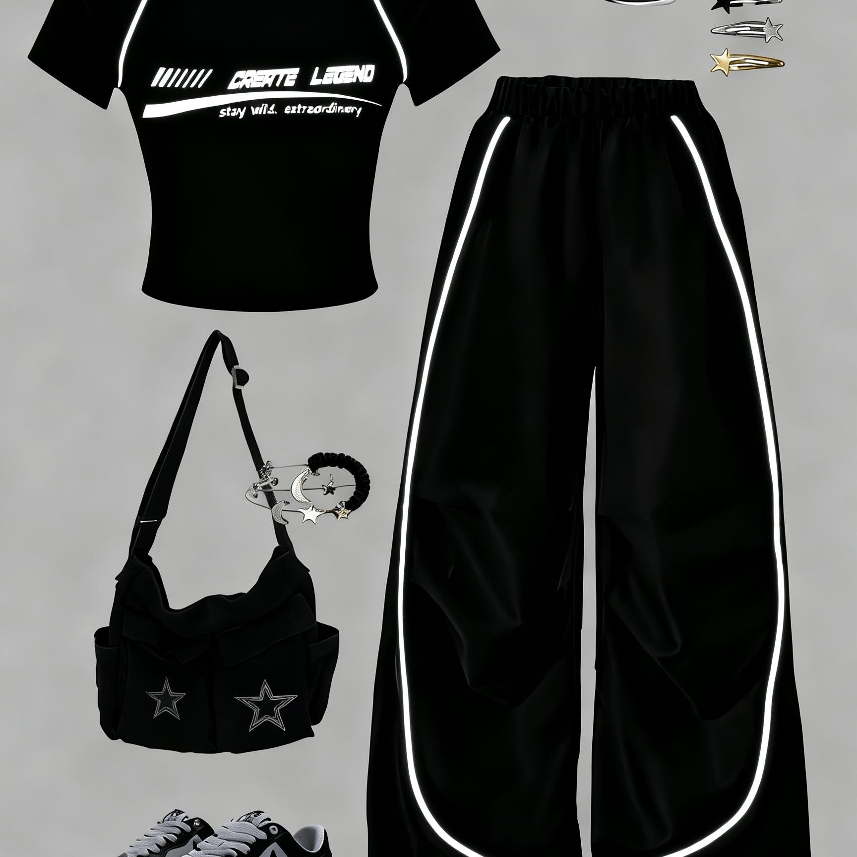 A Stylish Girls' Outfit Set, Y2k Style, Featuring A Two-piece Summer Black Reflective Stripe. The Top Has A Round Neck And Short Sleeves With English Letter Print Design, For Outdoor
