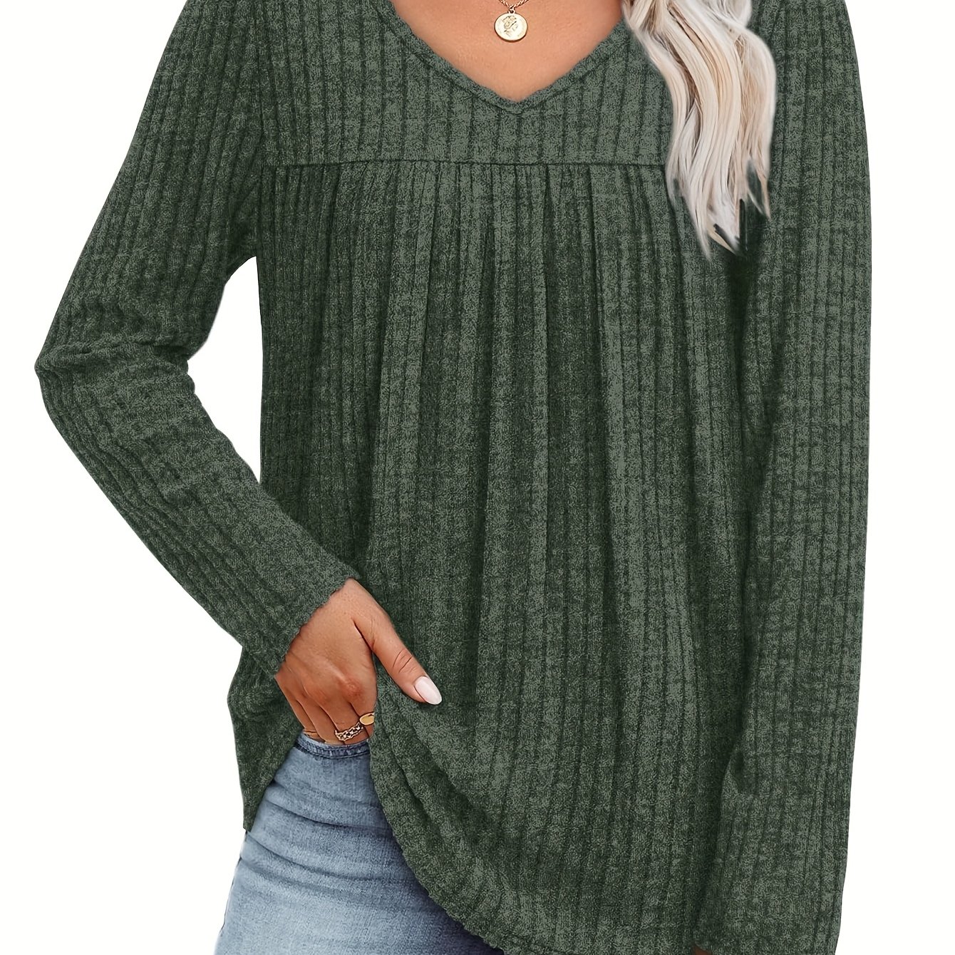 E-shop Damen Langarm-Pullover mit V-Ausschnitt, leicht, lässig, mit Falten vorne, modischer dünner Sweater