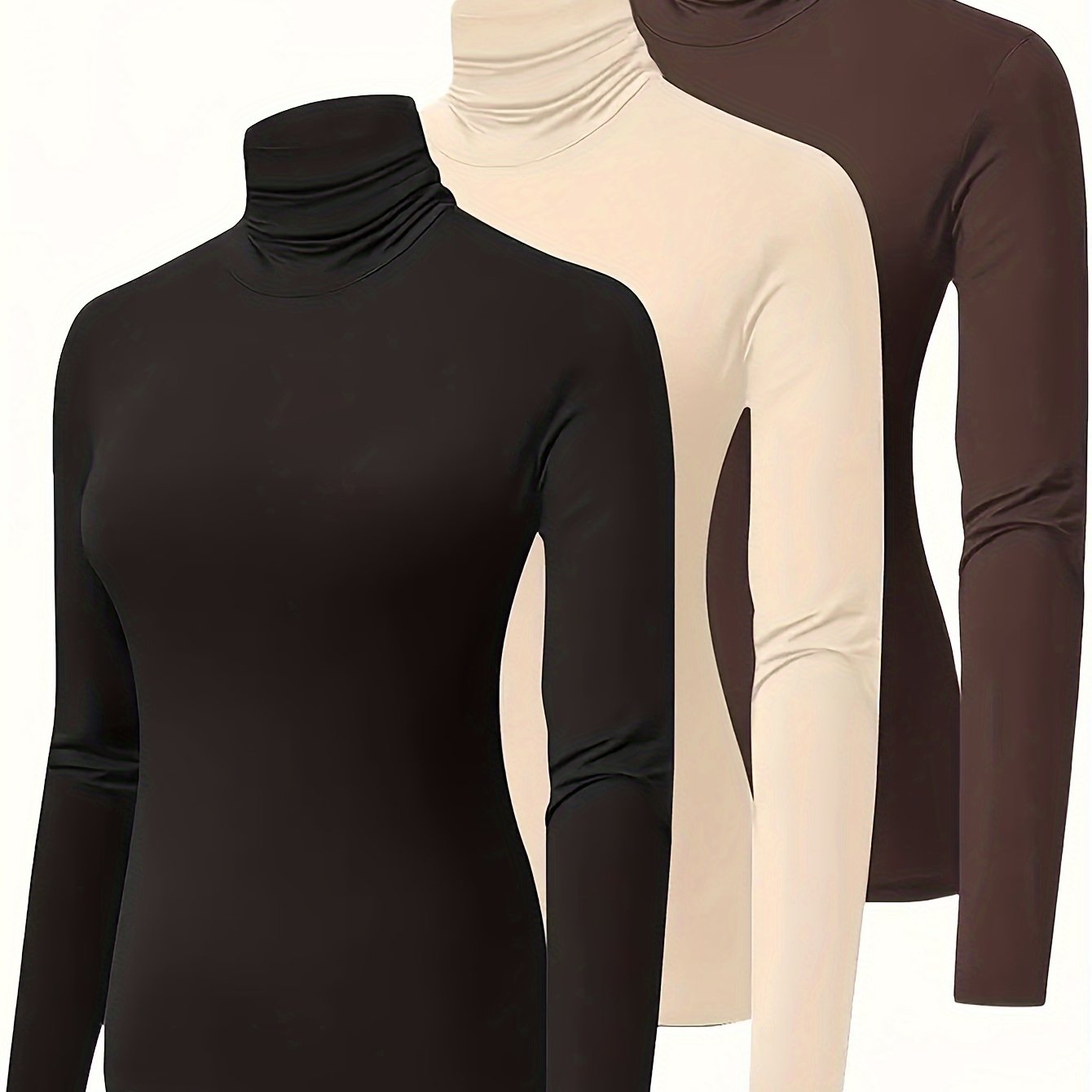 E-shop Herbst/Winter Damen-Langarm-T-Shirt mit hohem Stehkragen, 3er-Set, lässiges vielseitiges -Oberteil