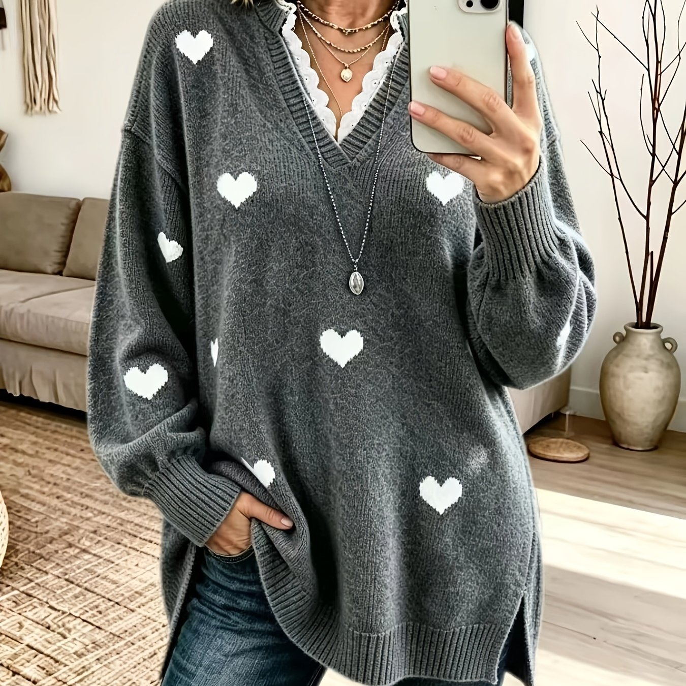 TEMU Plus Size - Women's Elegant Lace Sweater, Embroidery Women's Sweater, Suitable For Autumn And Winter, Loose Fit Long Sweater, Suitable For And