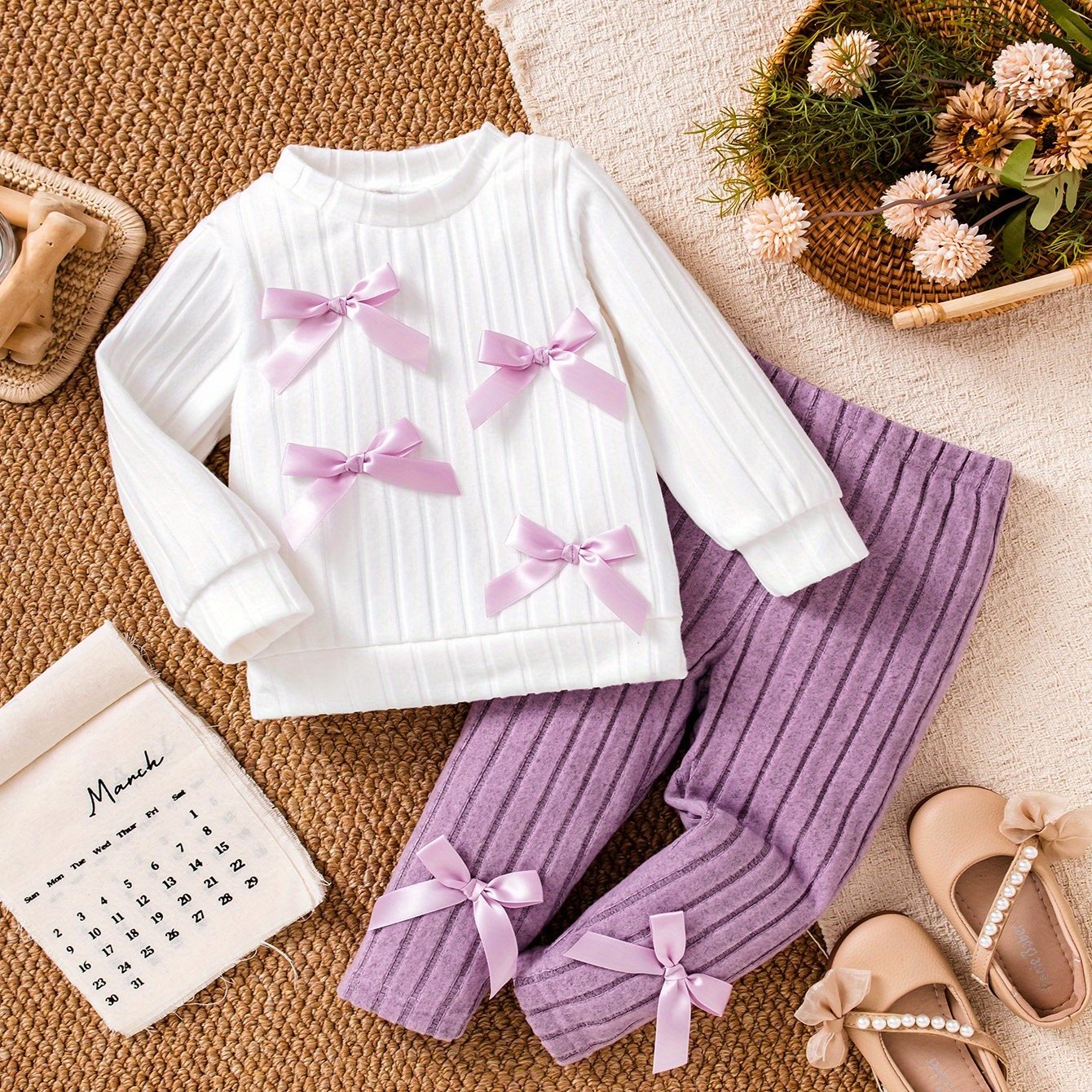 Image of Baby Girls' Fall Winter New 2pcs Sweet Casual White Bow Knit Top And Purple Bow Trousers - Sweet Cute -friendly Baby Set, For Outdoor