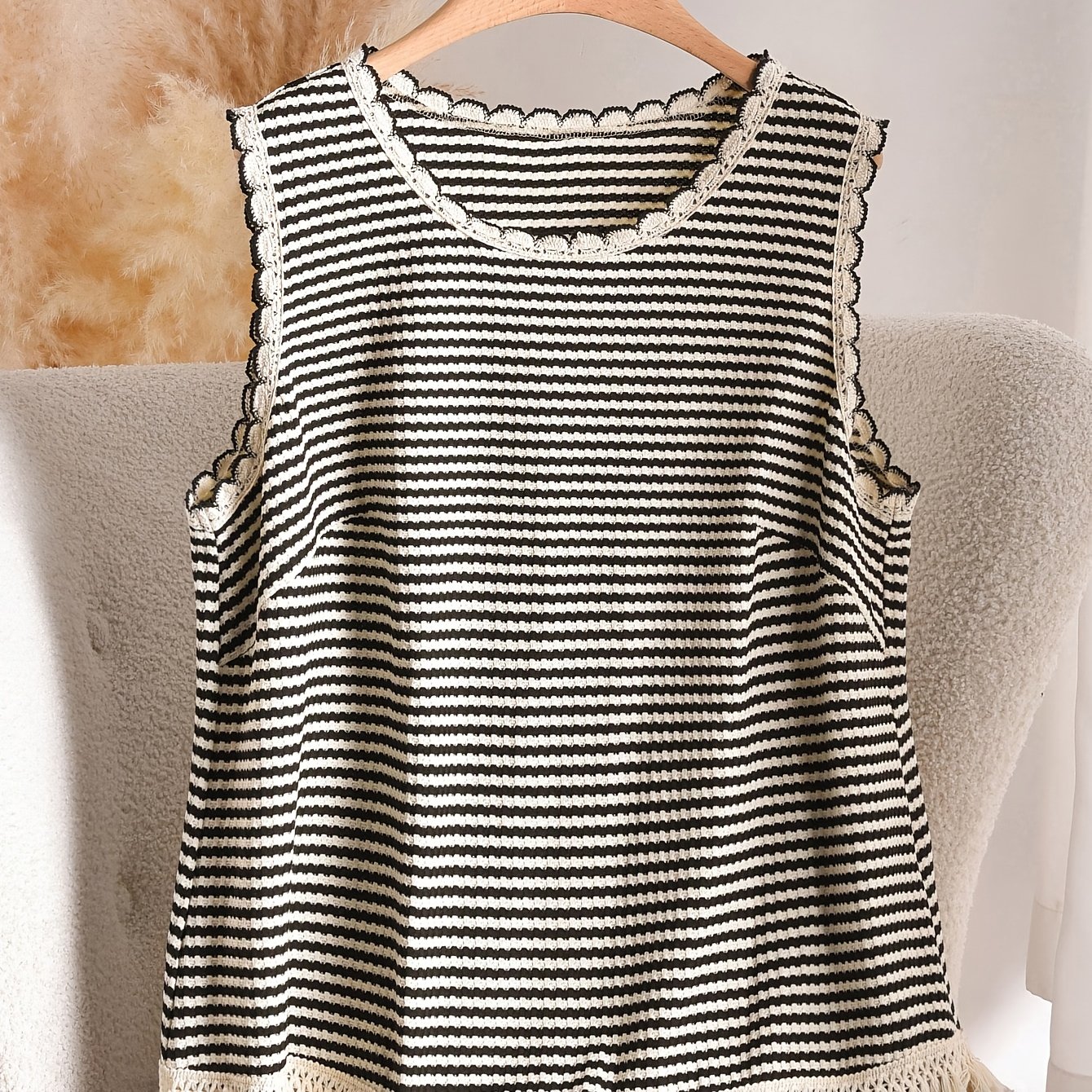 E-shop Plus Size, Bequemes Stilvolles Plus-Size Damen Streifen-T-Shirt Weste mit Fransenabschluss, Vielseitiges Casual Top für Damen im Frühling Sommer
