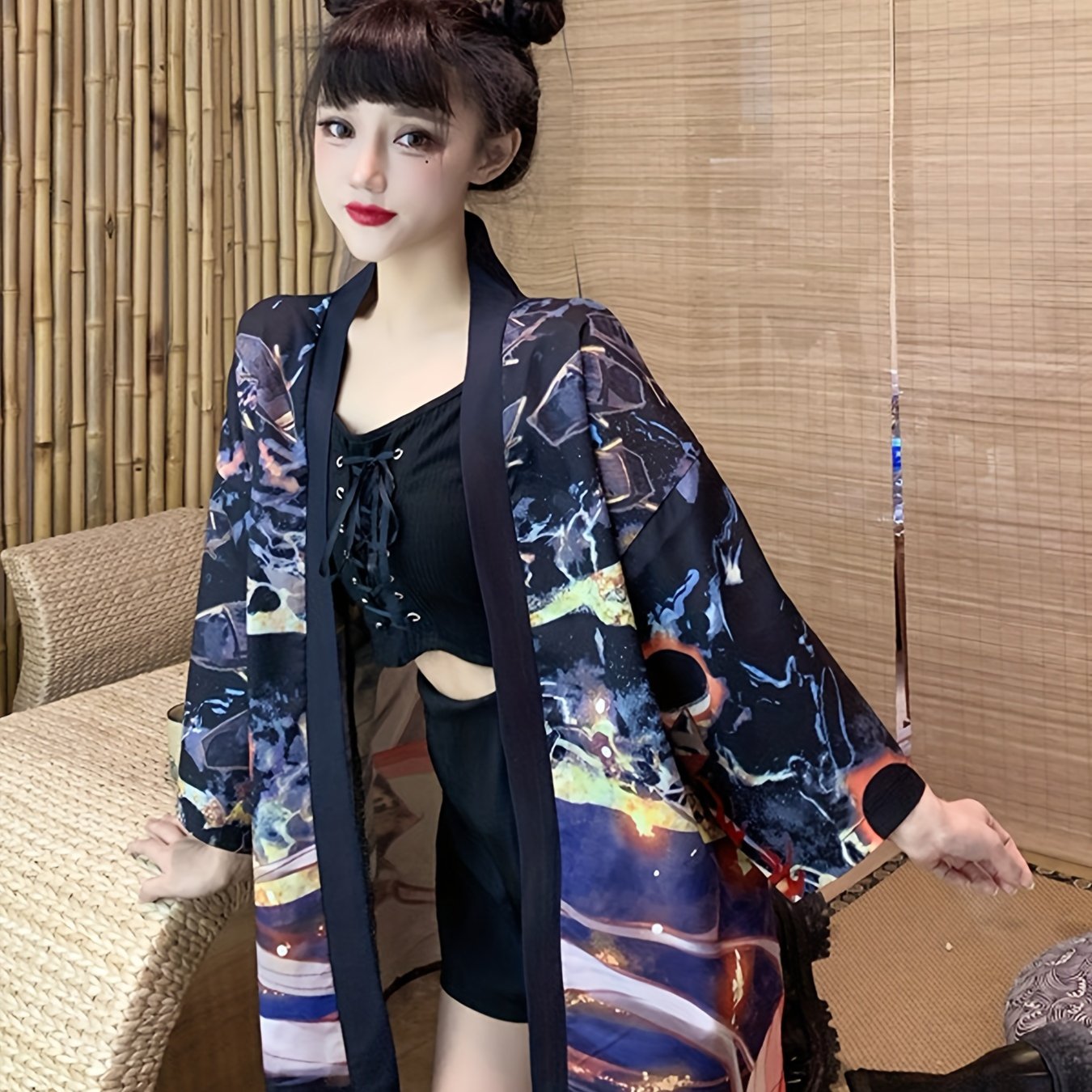 anime print open front kimono vintage 3 4 sleeve kimonos for festival womens clothing