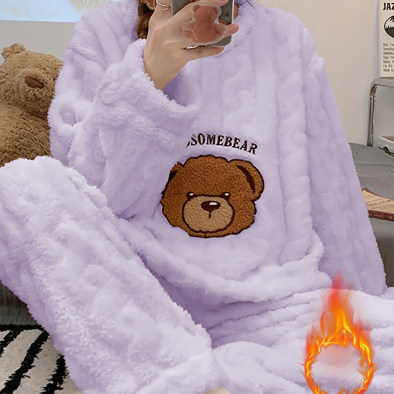 TEMU New Autumn/winter Thick Warm Pajama Set, Jacquard Plush Long-sleeve With Flannel Pants, Winter Sleepwear Set