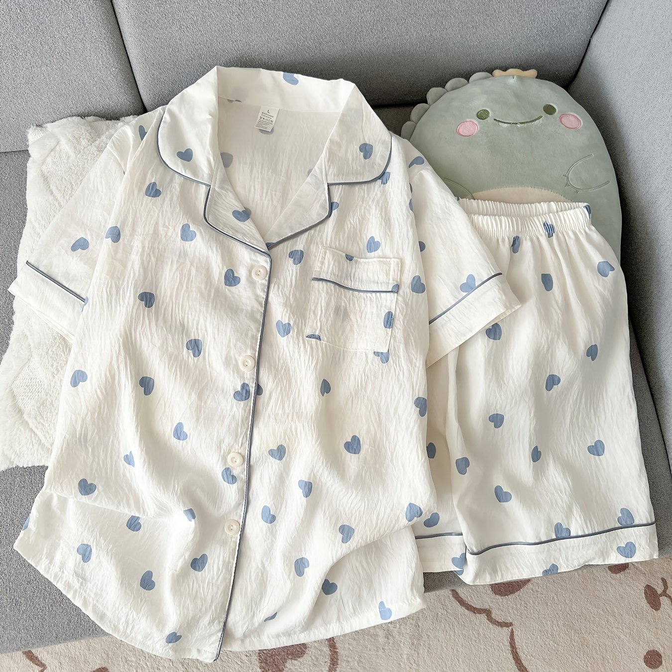 TEMU 【商品名】白いパジャマセット 夏 レディース ブルーハート 半袖 ショートパンツ ホームウェア 外出にも着用可能