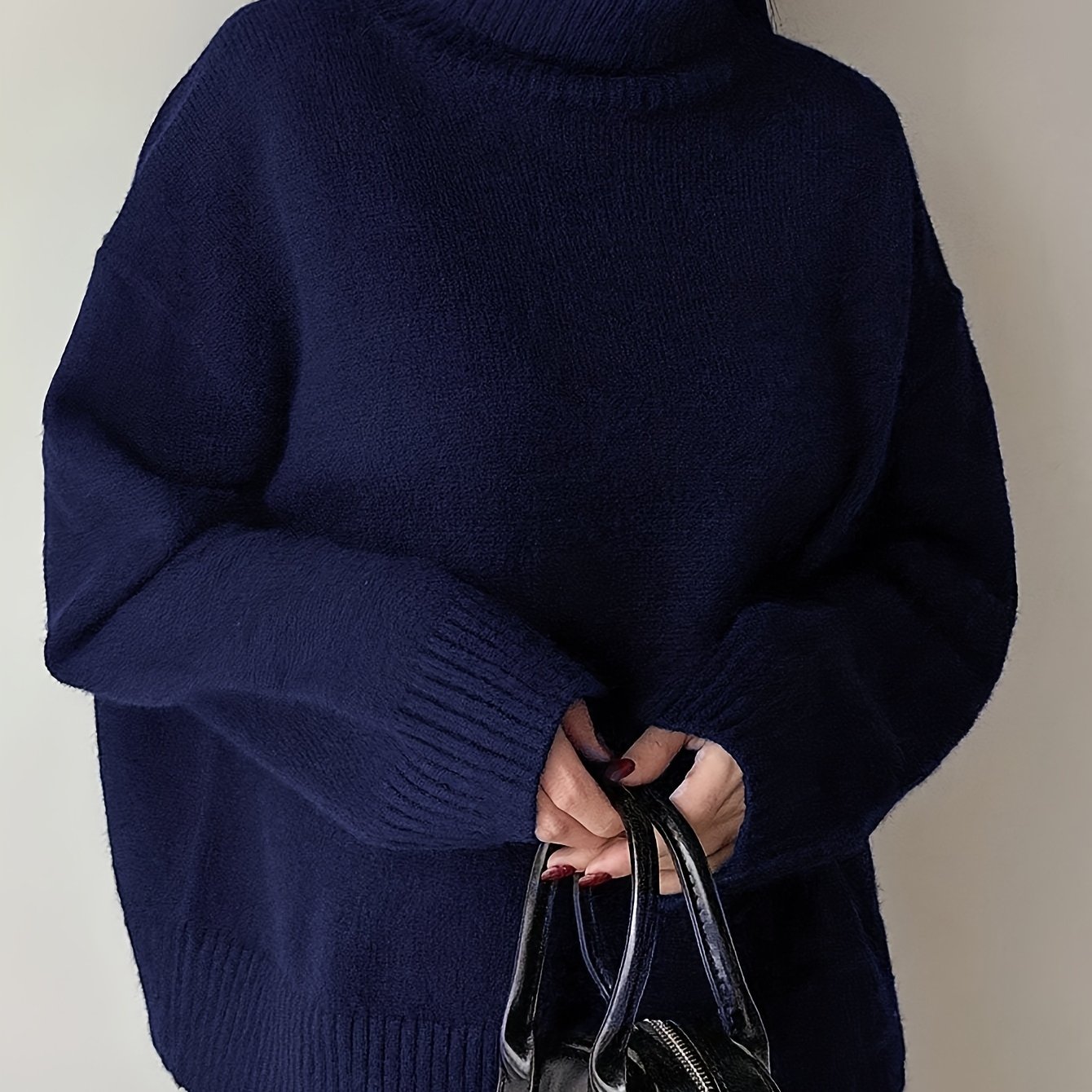 TEMU Women's New Fashionable And Elegant Solid Color High Neck Drop Shoulder Pullover Sweater