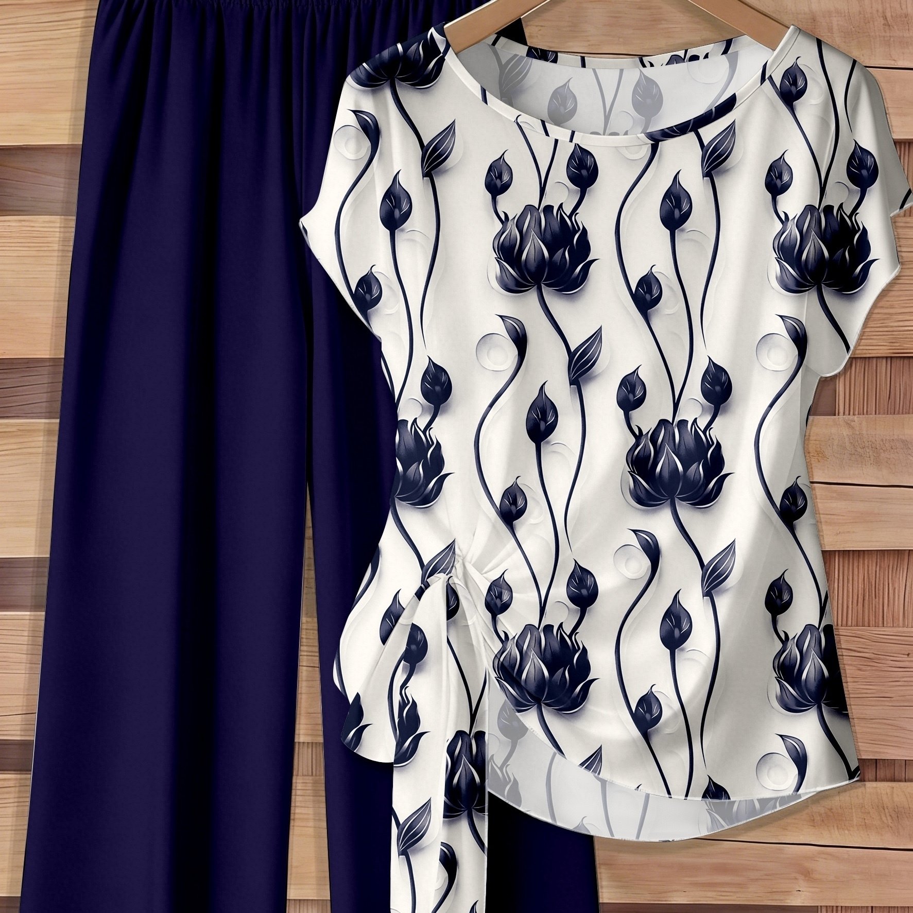 TEMU 's Developed European And American Women's Fashion Set: -neck Short-sleeve Floral Print Top With Solid-color Long Pants