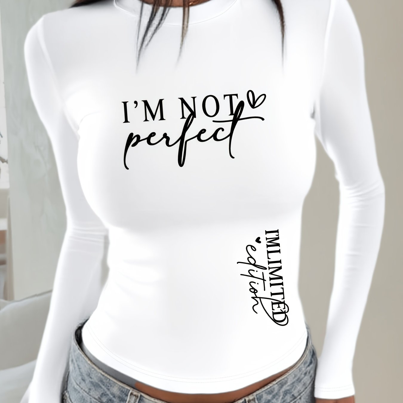 TEMU Imlimited Letter Graphic 2d Print T-shirt, Slim Fit Long Sleeve Longline T-shirt, Seasonal Fashion, Vintage Style, Comfortable Cut, Classic