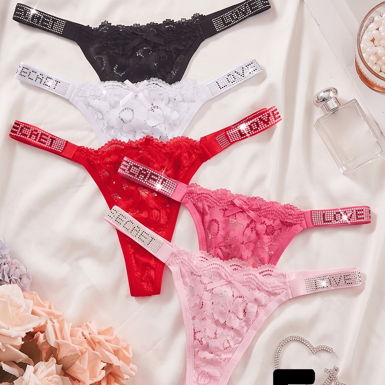 TEMU Juego de 5 tangas elegantes de encaje con letras de pedrería, bragas de encaje, ropa íntima, ropa interior elegante, confección , ropa interior