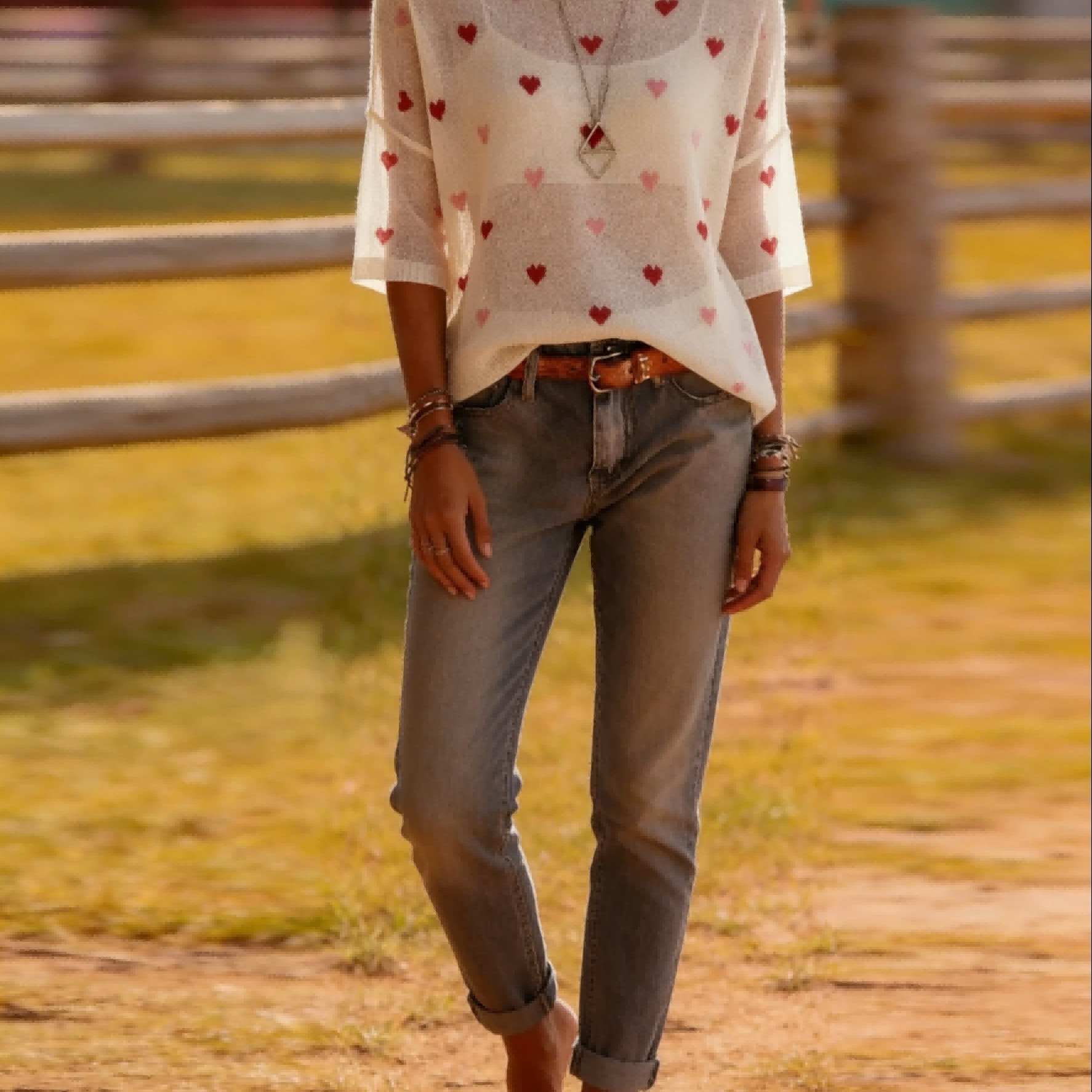 TEMU Women's Mid-sleeve Heart-pattern Sweater, Lightweight And , /summer Style With Heart Decorations, A Gentle And Holiday-inspired Top Asd1