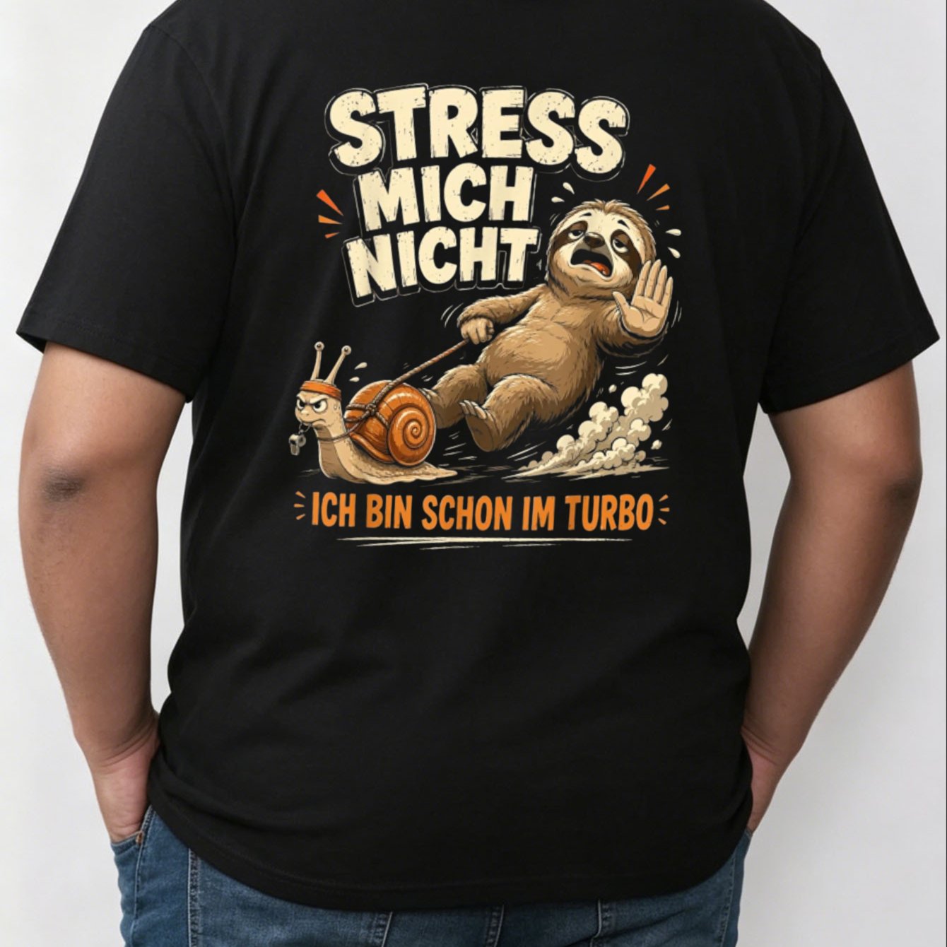 Image of Men's Funny German Humor T-shirt - "don't Stress Me I' Already In Turbo" Sloth & Snail Graphic Back Print, Loose Fit Casual Round Neck Tee Suitable For , German Gift For & Casual Attire, Plus Size
