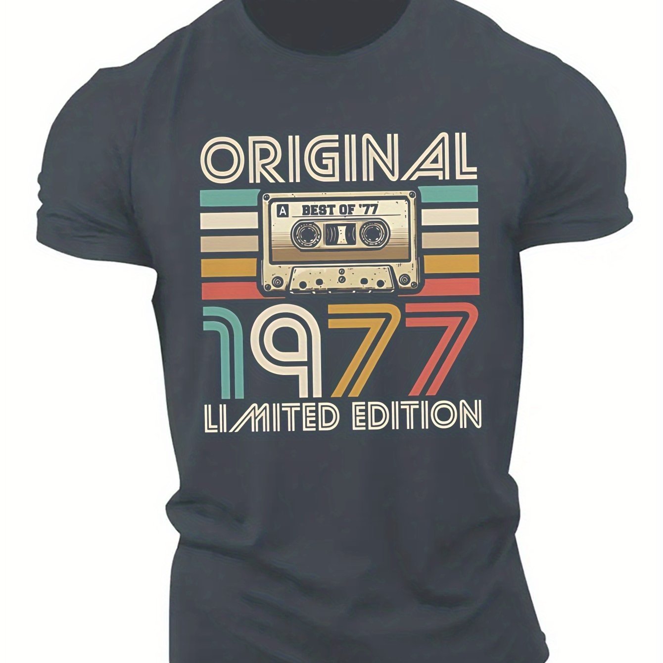 TEMU 1977 Edition Men's Vintage Cassette Graphic T-shirt - Retro Geometric Stripes, Light Grey Regular Fit Short Sleeve Summer Top, Machine Washable