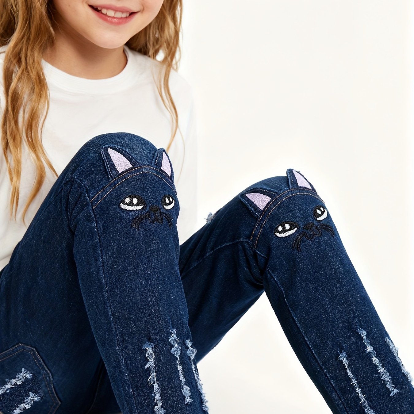 Image of Autumn And Winter Girls Fashionable Cute Cartoon Embroidered Denim Trousers