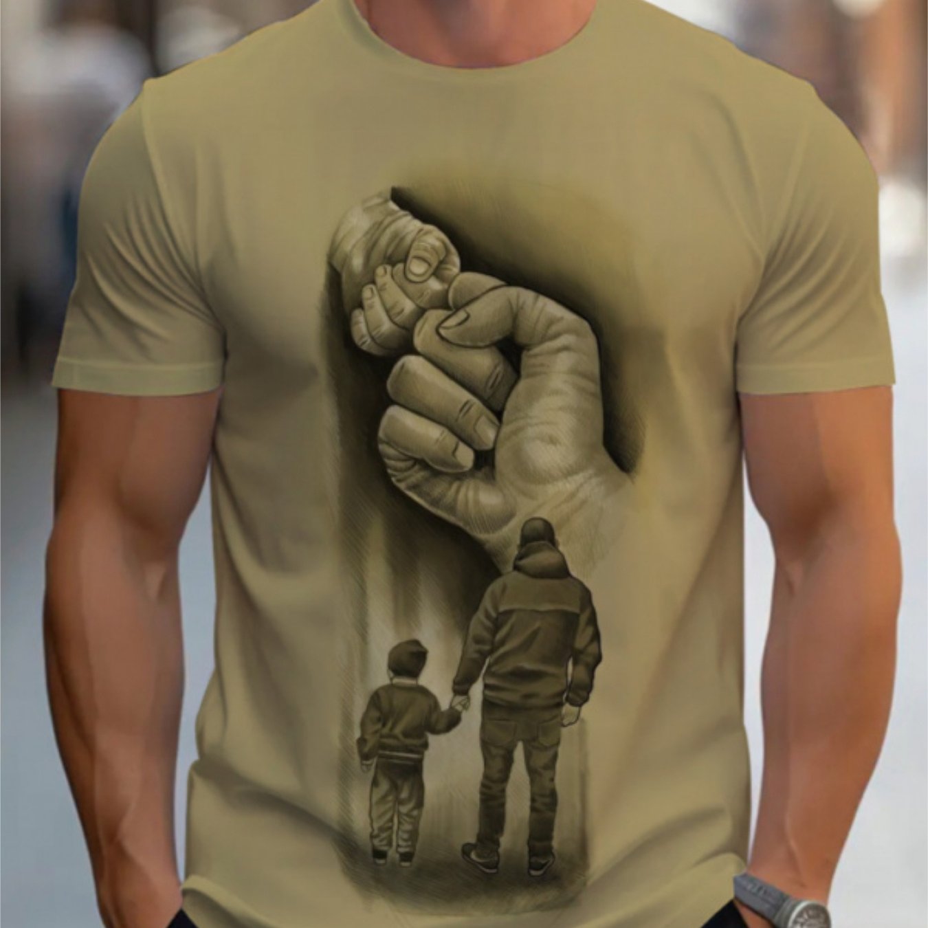 TEMU [printed Design-nottextured]men's Polyester Printed T-shirt, Olive Green, Casual Living , Durable And Comfortable, With A Unique Graphic Design,