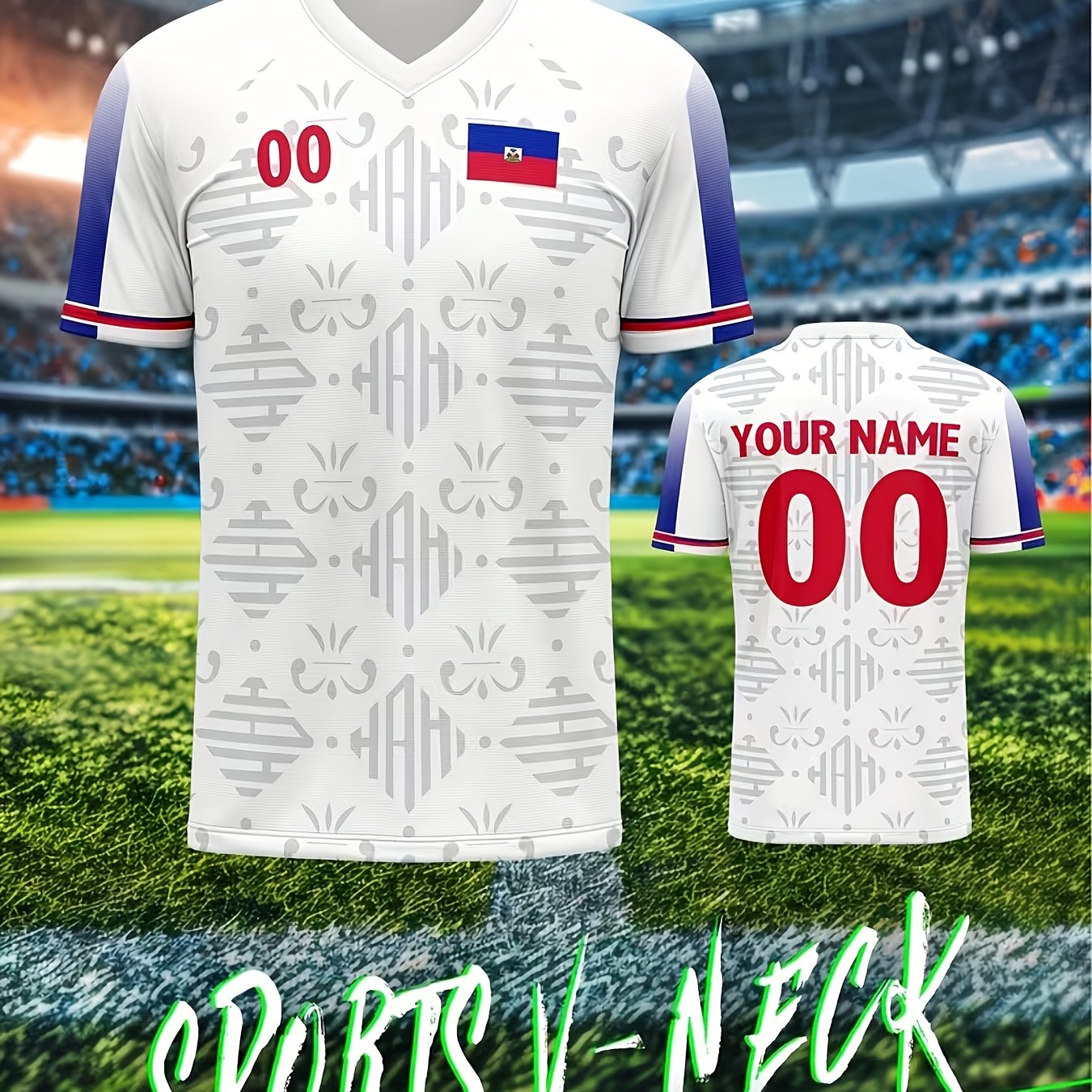 TEMU 2026 Year Custom V-neck Jersey Haiti, Must-have, Personalized Logo And , Team Customizable, Blue And White Pattern 3d Print, 2 Colors , Durable