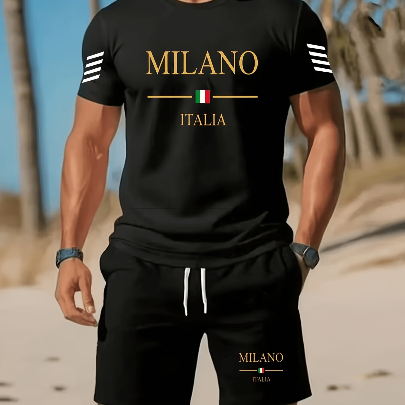 TEMU Men's Short-sleeve T-shirt And Shorts Set, Featuring A Letter Print Design, Showcasing A Stylish And Casual Look, For Men