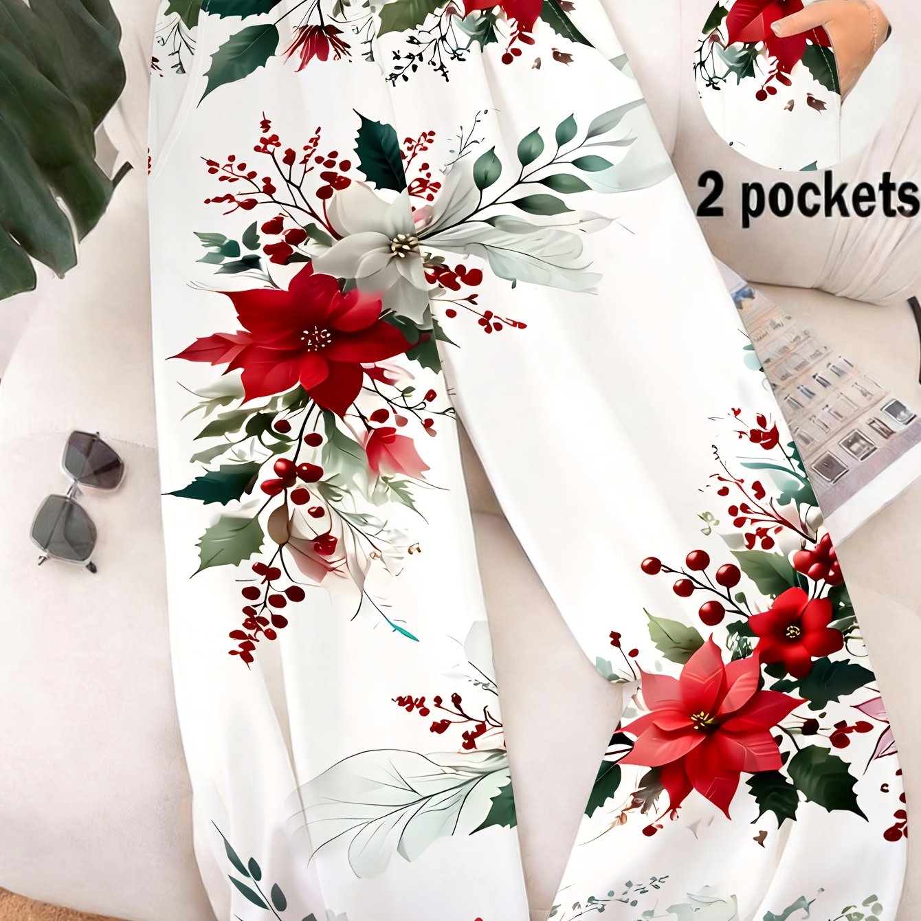 TEMU Women's Straight Leg Pants With Poinsettia & Holly Print - Full-length Trousers Suitable For Christmas, New Year, Casual Wear, Machine Washable