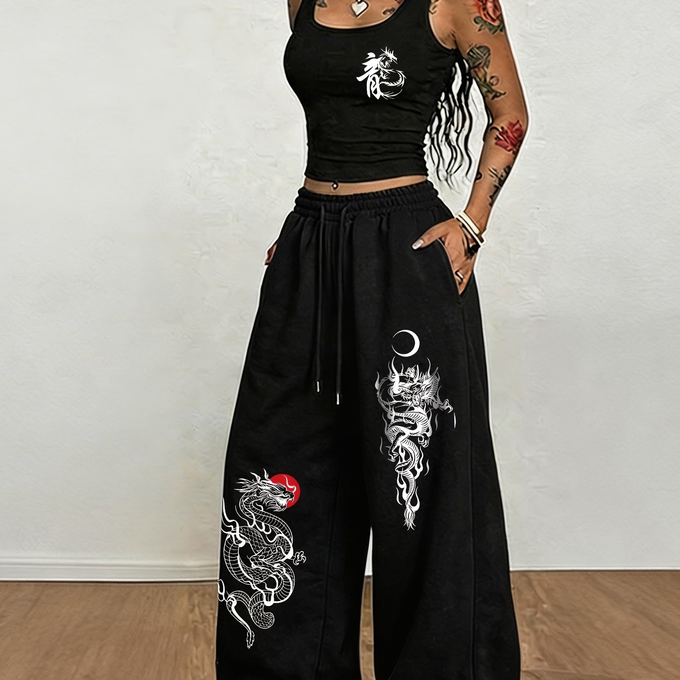 TEMU National Trend Oriental Dragon Pattern Sun And Pattern Printing, Women'-piece Set, Women's Navel-baring Top Vest   Elastic Waist Drawstring