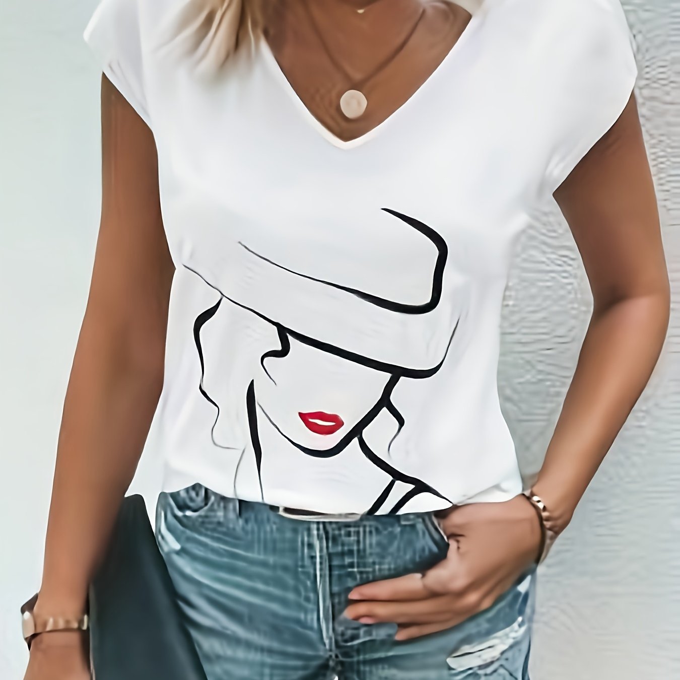 Image of Graphic Print V Neck T-shirt, Casual Cap Sleeve Top For , Women's Clothing