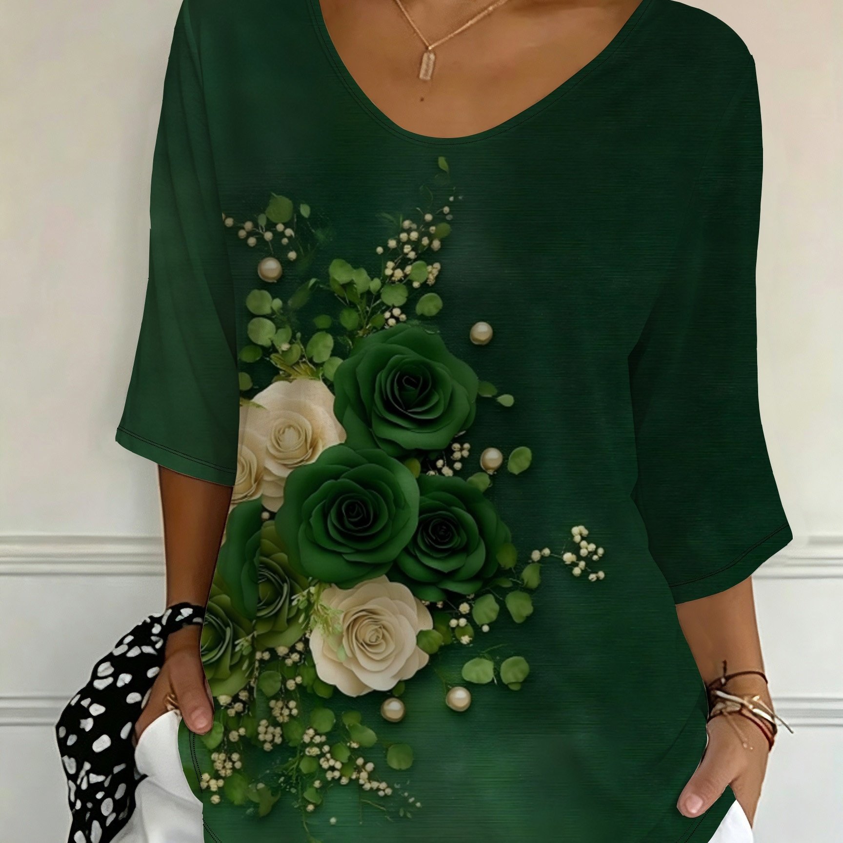 TEMU Plus Size Women's Oversized Round Neck Mid-sleeve T-shirt In Dark Green With Rose Floral Print, Loose Fit, Figure-hugging, Casual Top