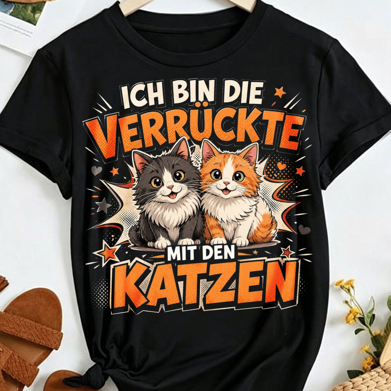 With I Am Lady German Quote 2 Cats Orange Text And Comic Unisex T-shirt