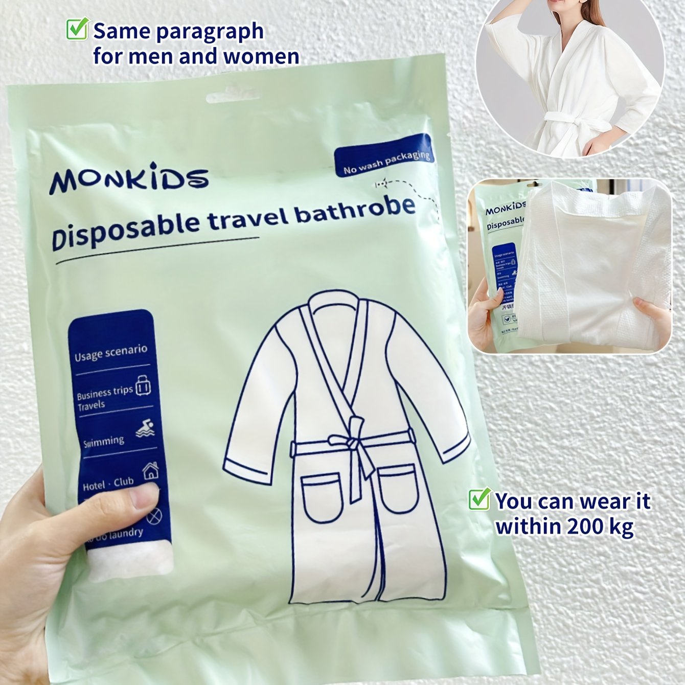Image of 1-pack Disposable Bathrobe, V-neck Design With Belt, Soft And Comfortable, Absorbent, Of The Bag, Suitable For , Home, And Hotel Use, Unisex, A Household Essential