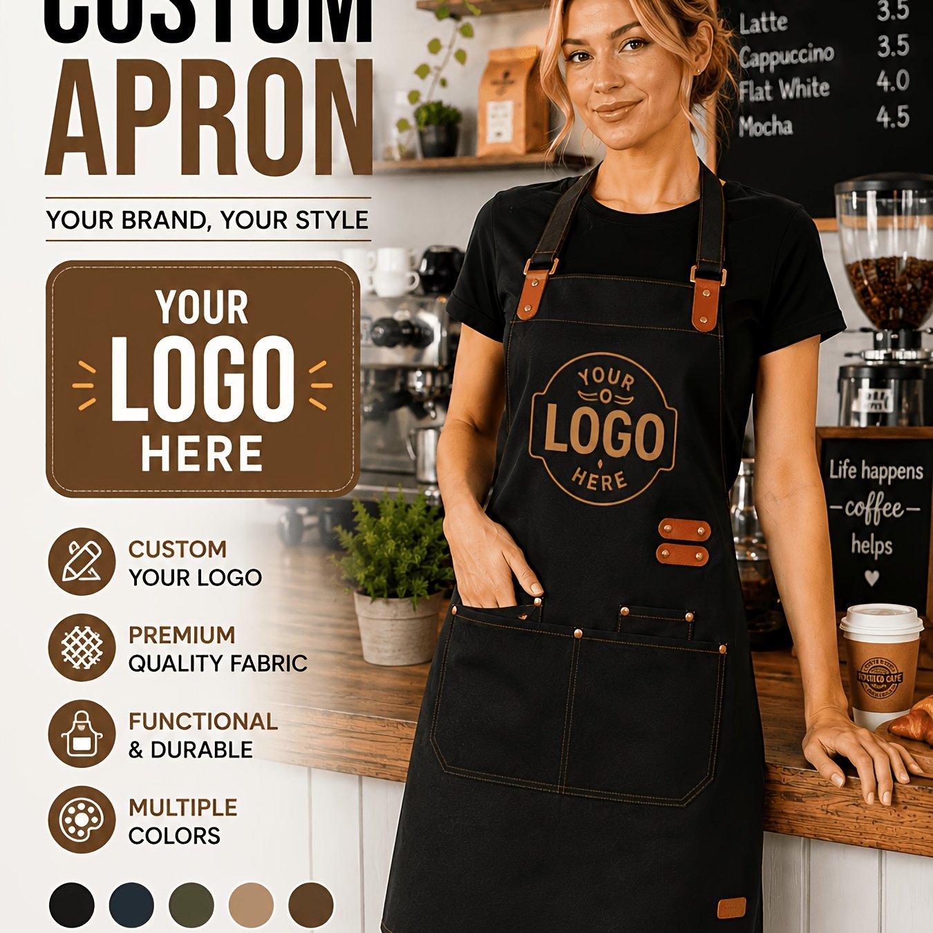 TEMU Customized 2pcs Set Of High-end Aprons With Logo Printing For Restaurants, Kitchens, Milk Tea, And Coffee Shops