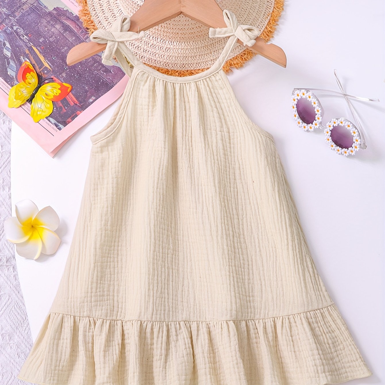 Summer Solid Strap Dress For Baby Girls With Bow Decoration And Hem ( At Chest Width) - Children's Summer Outing Dress