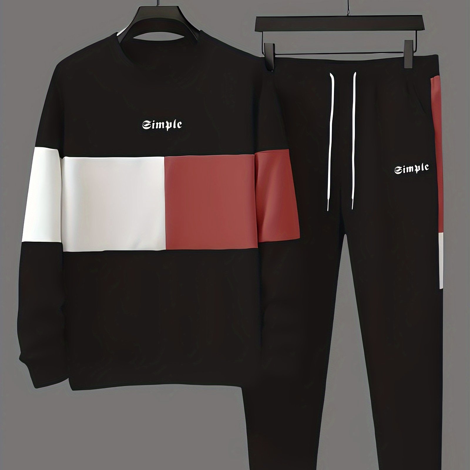 TEMU Men's Casual 2-piece Outfit, Color Block Long Sleeve Sweatshirt & Drawstring Pants, Breathable Comfy Outfit