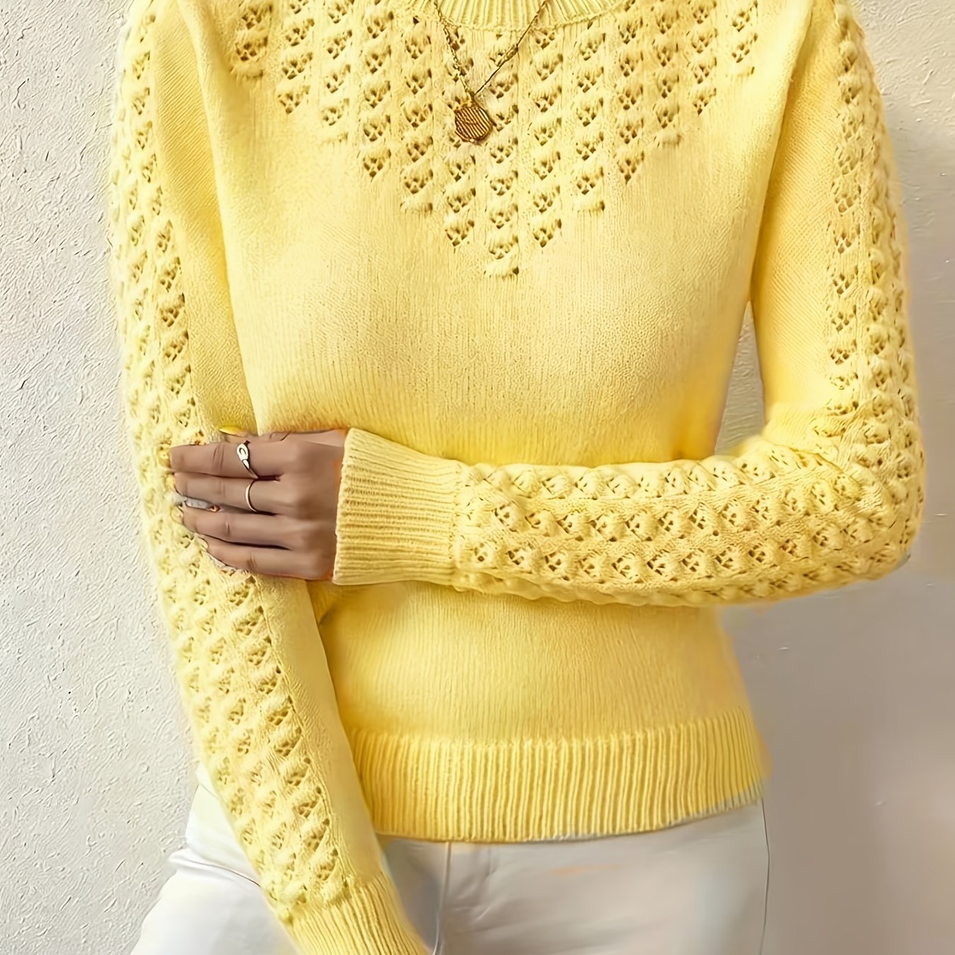 TEMU New Women's Round Neck Pullover Base Layer Sweater, Solid Color, Elegant And Simple Hollow-out Design, Women's Top, Women's Sweater