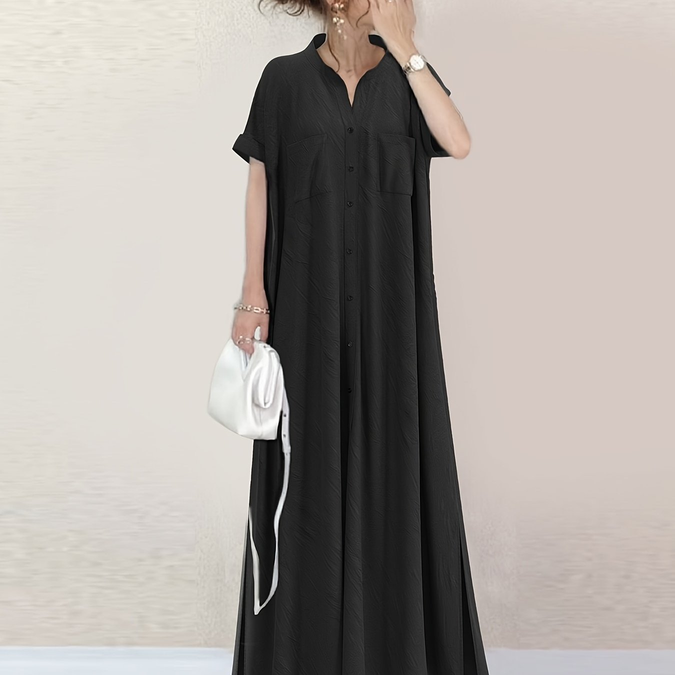 TEMU 【日本定向】ｖネックワンピース レディース 夏ワンピース ブラックドレス シャツワンピース 夏服 無地 サイドスリット 半袖 マキシ丈 Aライン フレア型 シンプル 可愛い おしゃれ レトロ カジュアル ゆったり 通学 通勤 大人