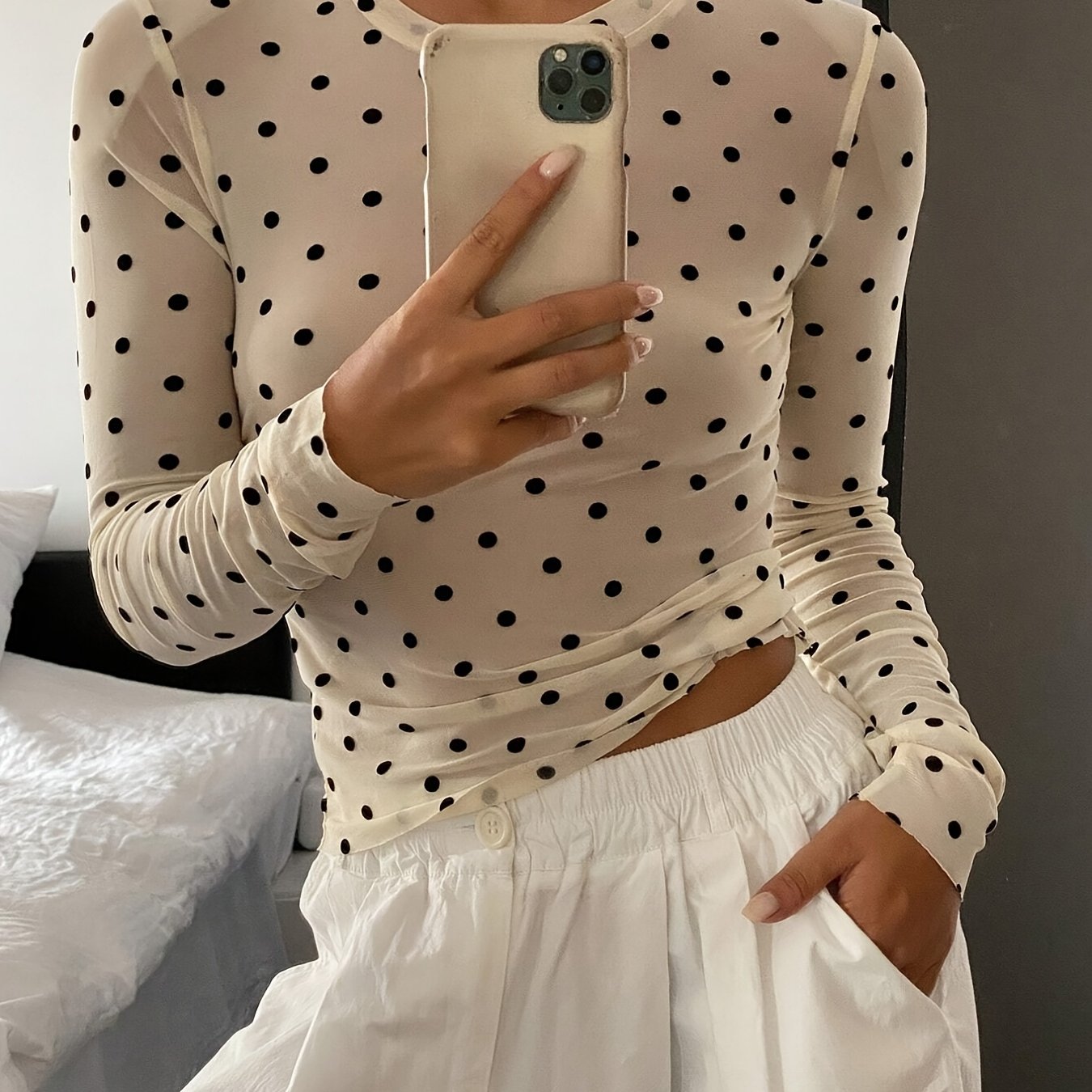 TEMU Women's Polka Dot Slim Fit Casual Crew Neck Long Sleeve Top, Autumn Apparel