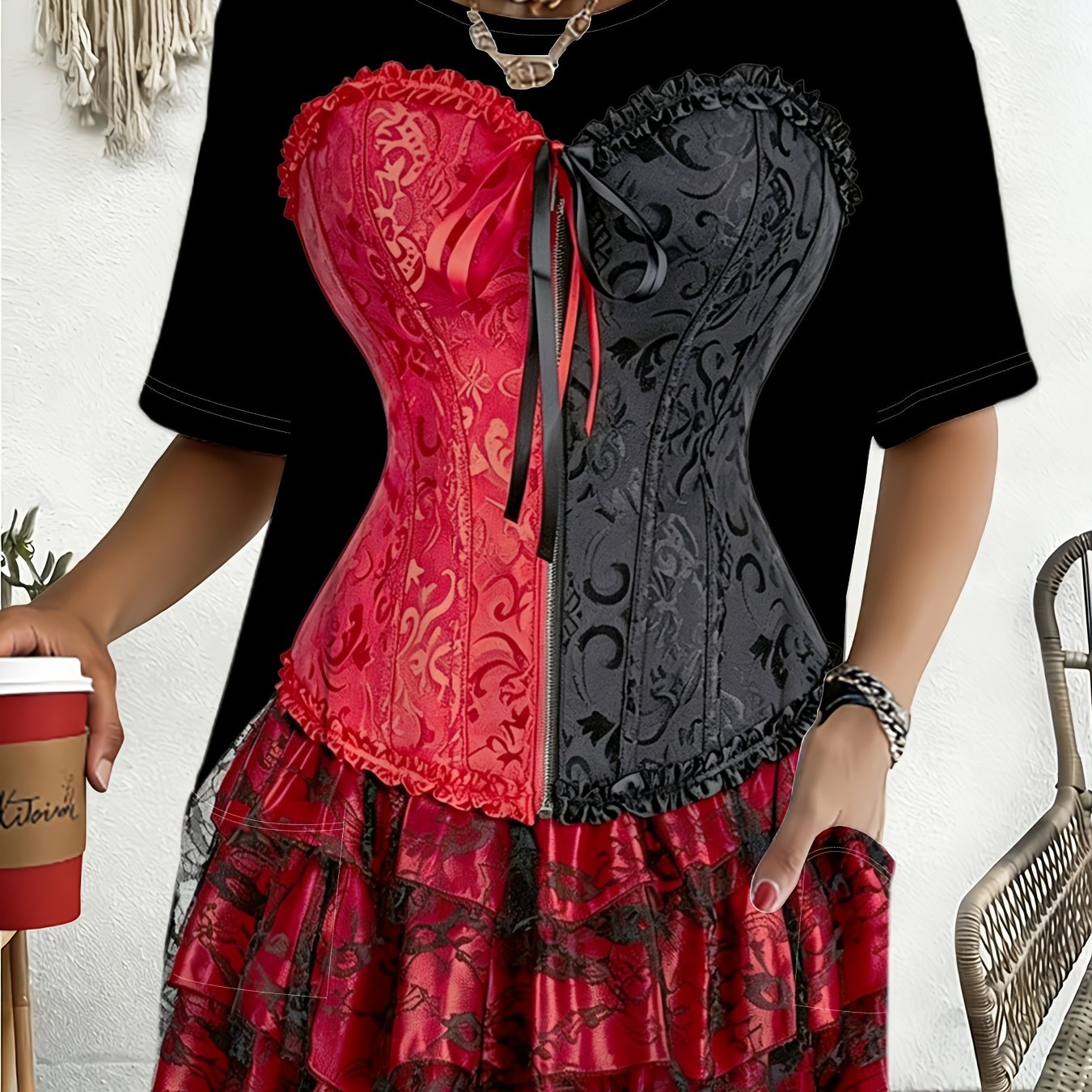 TEMU Retro Color-block Lace Print Short Sleeve T-shirt, Women's Fashion Style