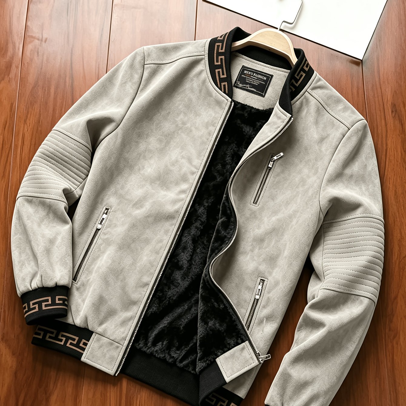 TEMU Men's -lined -look Baseball Jacket, Vintage Herringbone Ribbed Collar Casual Baseball Coat, For Daily Outdoor Streetwear