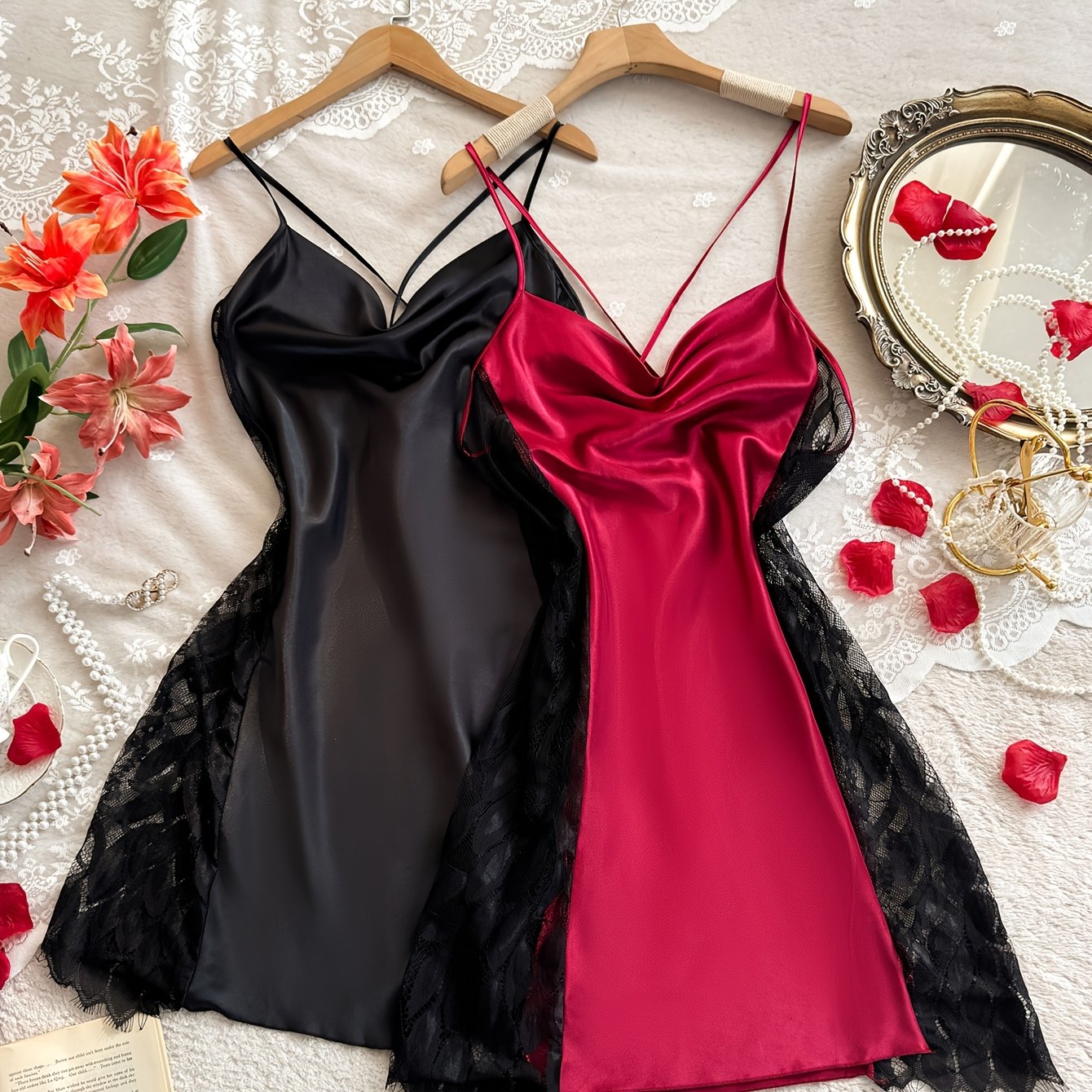 TEMU Women's Nightgown 2pcs Set Lace Fashion Sexy Cami Dress Short Skirt