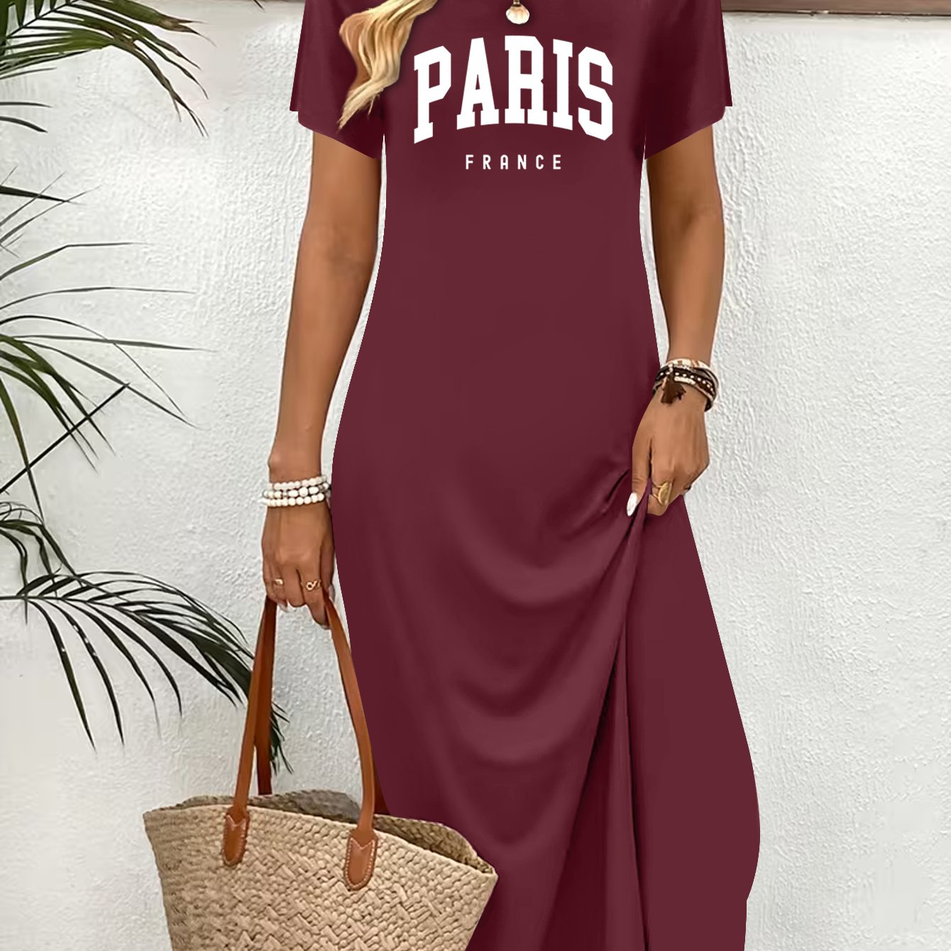 TEMU Summer Women's Fashion Dress, Paris Letter Printed Casual Elegant Dress, Temperament Round Neck Short Sleeved Dress, Beach Travel , Suitable For