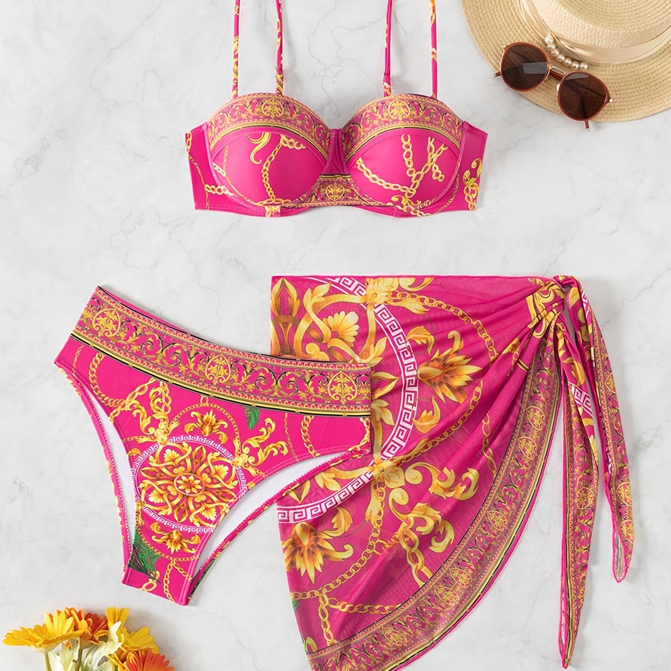E-shop Sommer Strandurlaub Kettenmuster Wrap Rock 3-teiliges Bikini Badeanzug Set